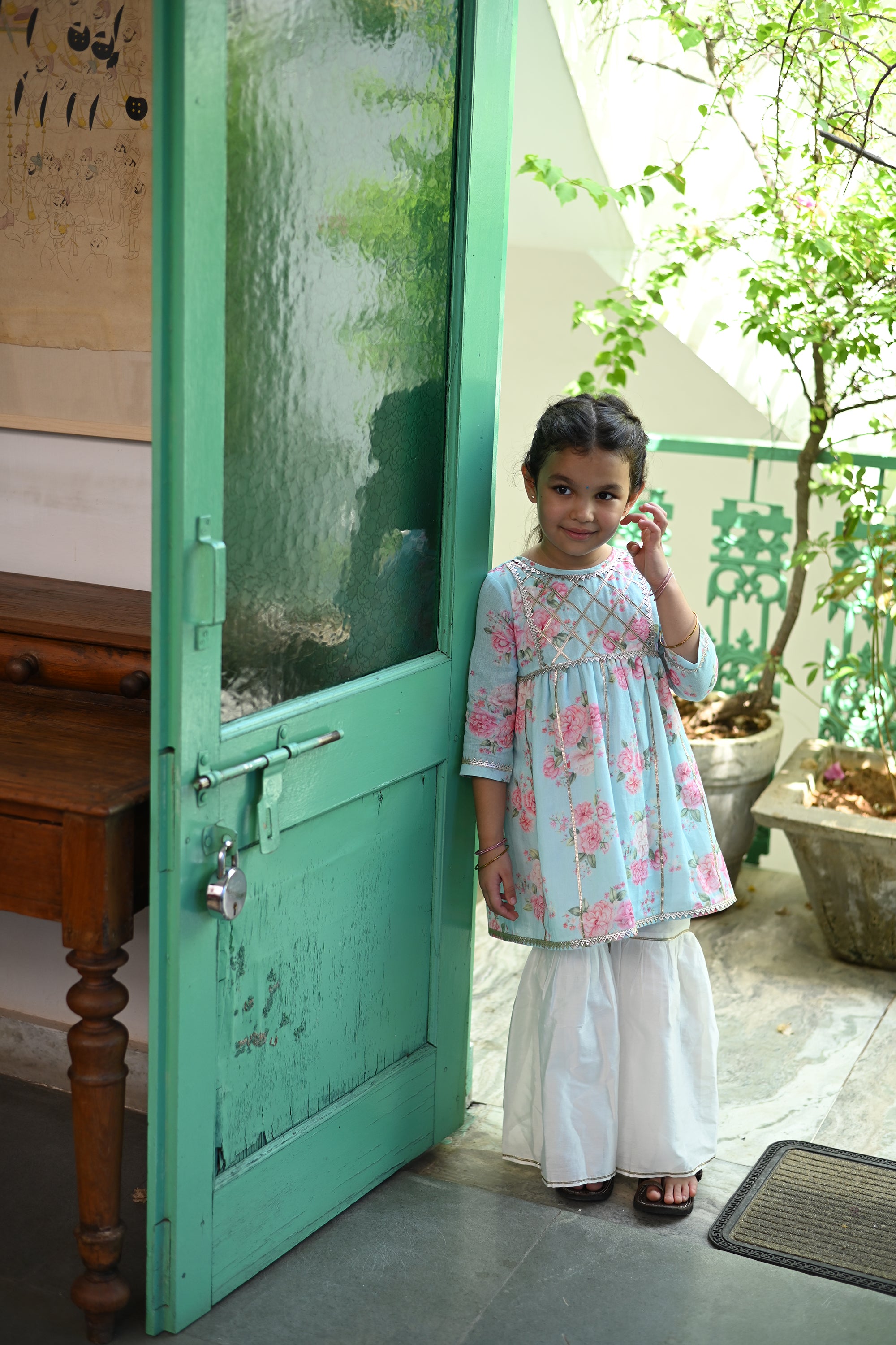 Rhea Gharara Set - Vintage Blue Phool Angan
