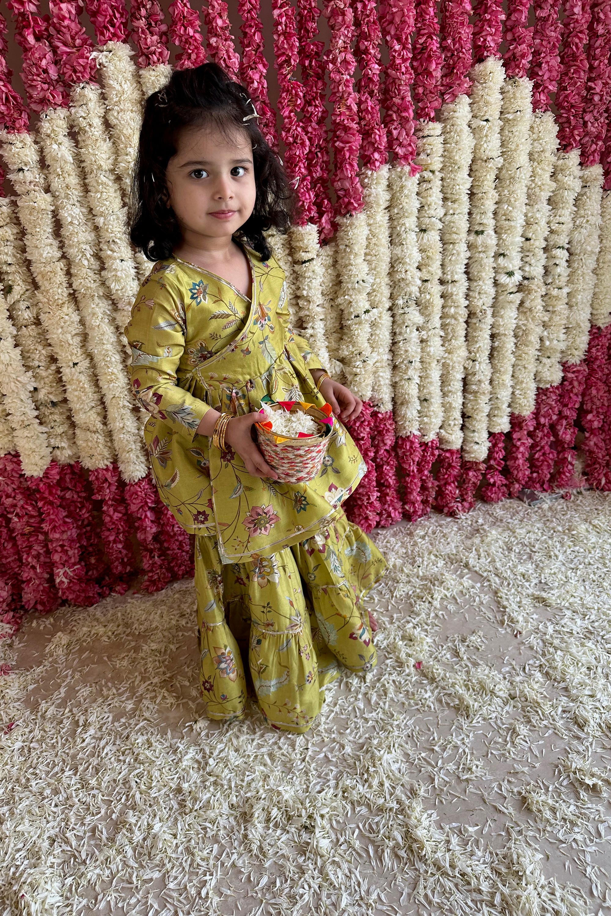 Namah Angrakha Sharara Set - Lime Green Sanobar Chintz
