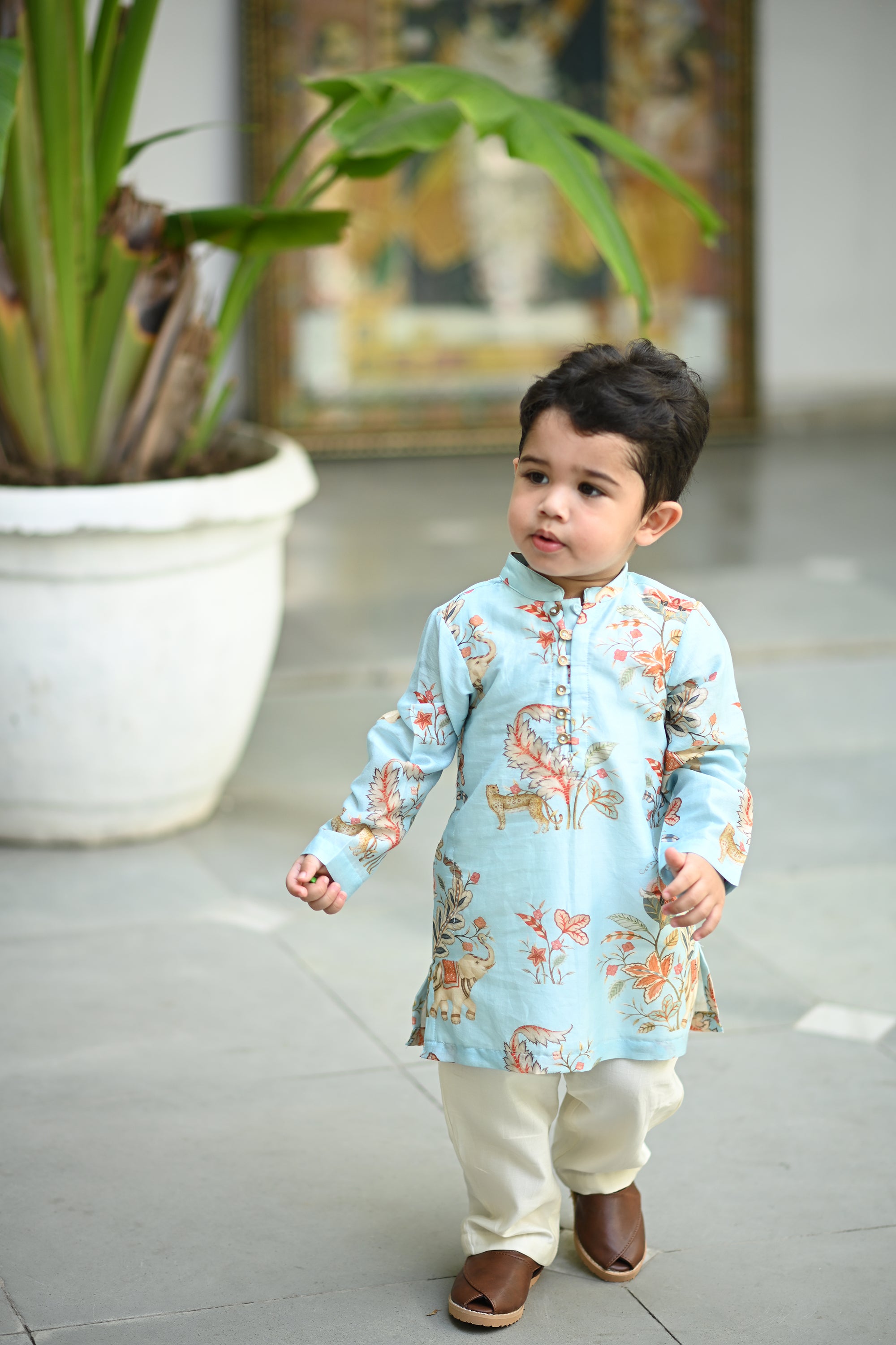 Sabr Kurta And Pyjama Set- Aqua Haathi