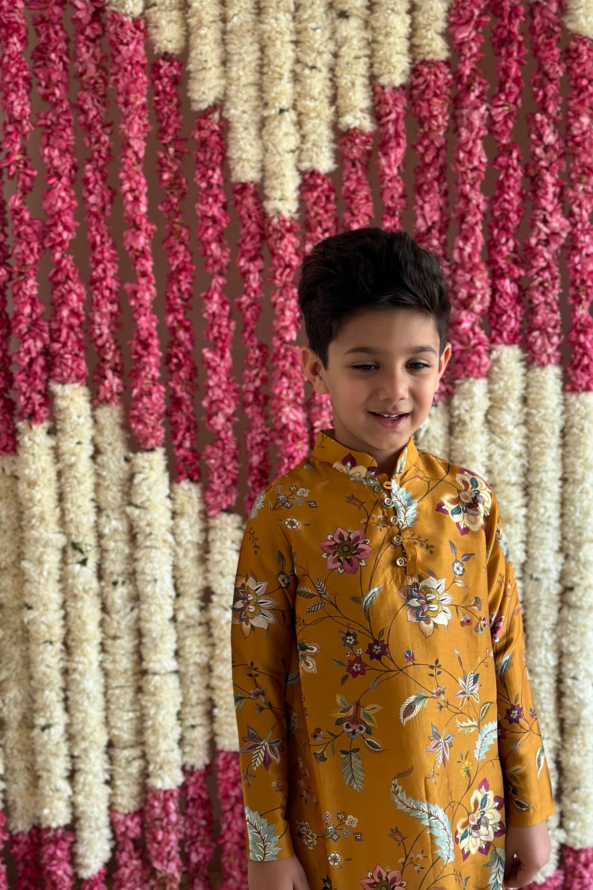 Ayaan Kurta and Pyjama Set - Mustard Lotus Cascade