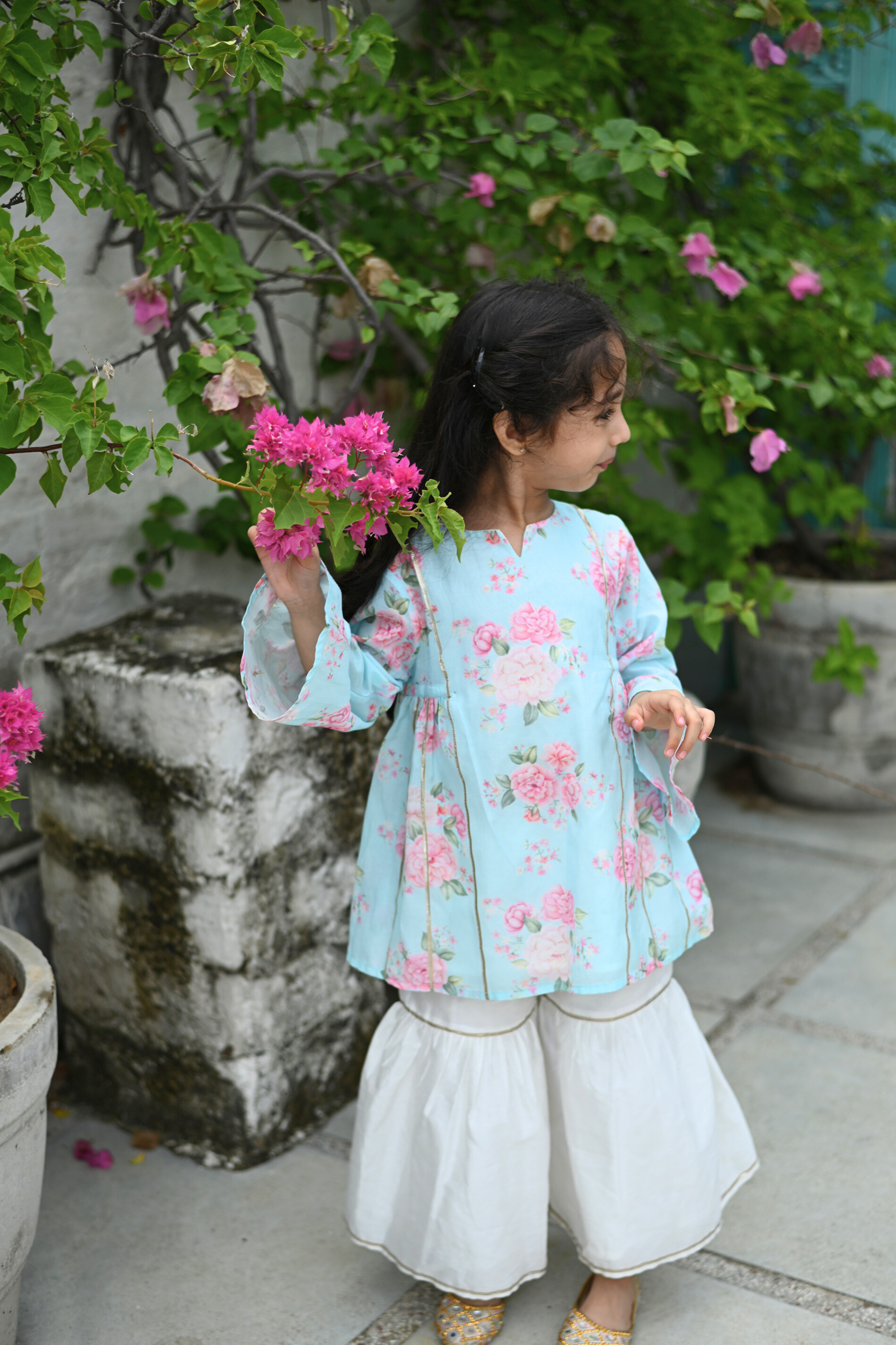 Tara Gharara Set - Vintage Blue Phool Angan