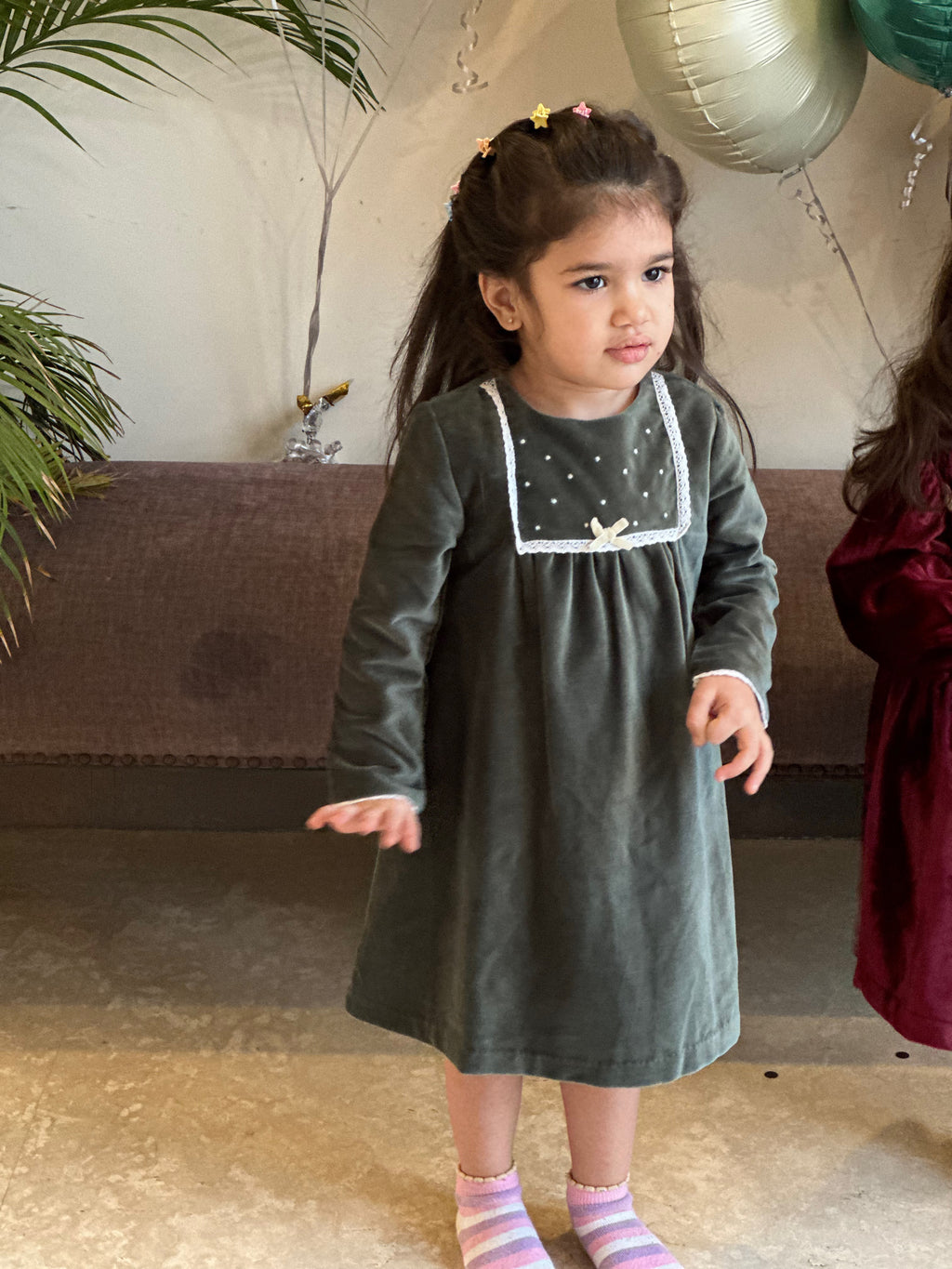 Sage Lace Panel Velvet Dress