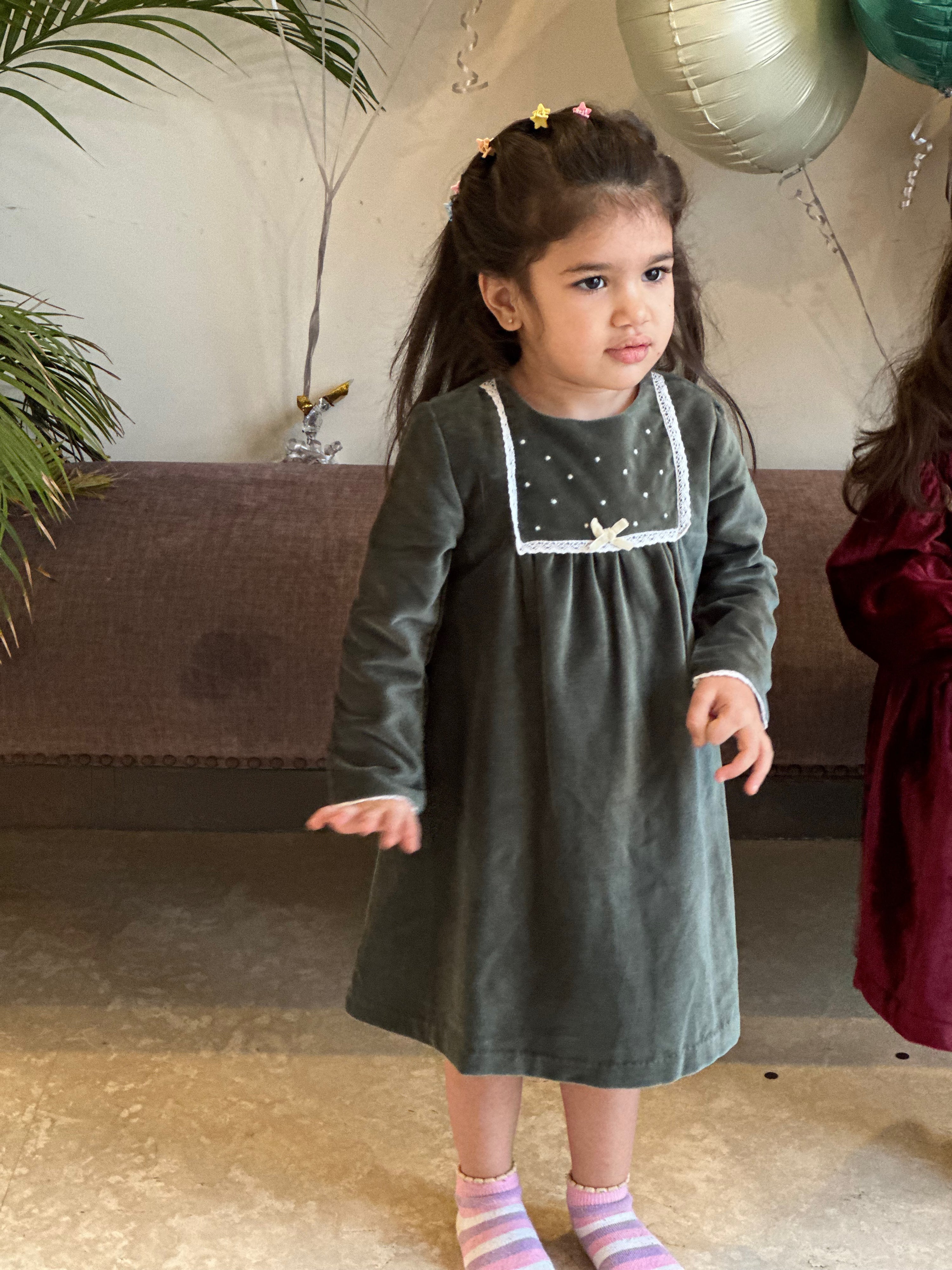 Sage Lace Panel Velvet Dress