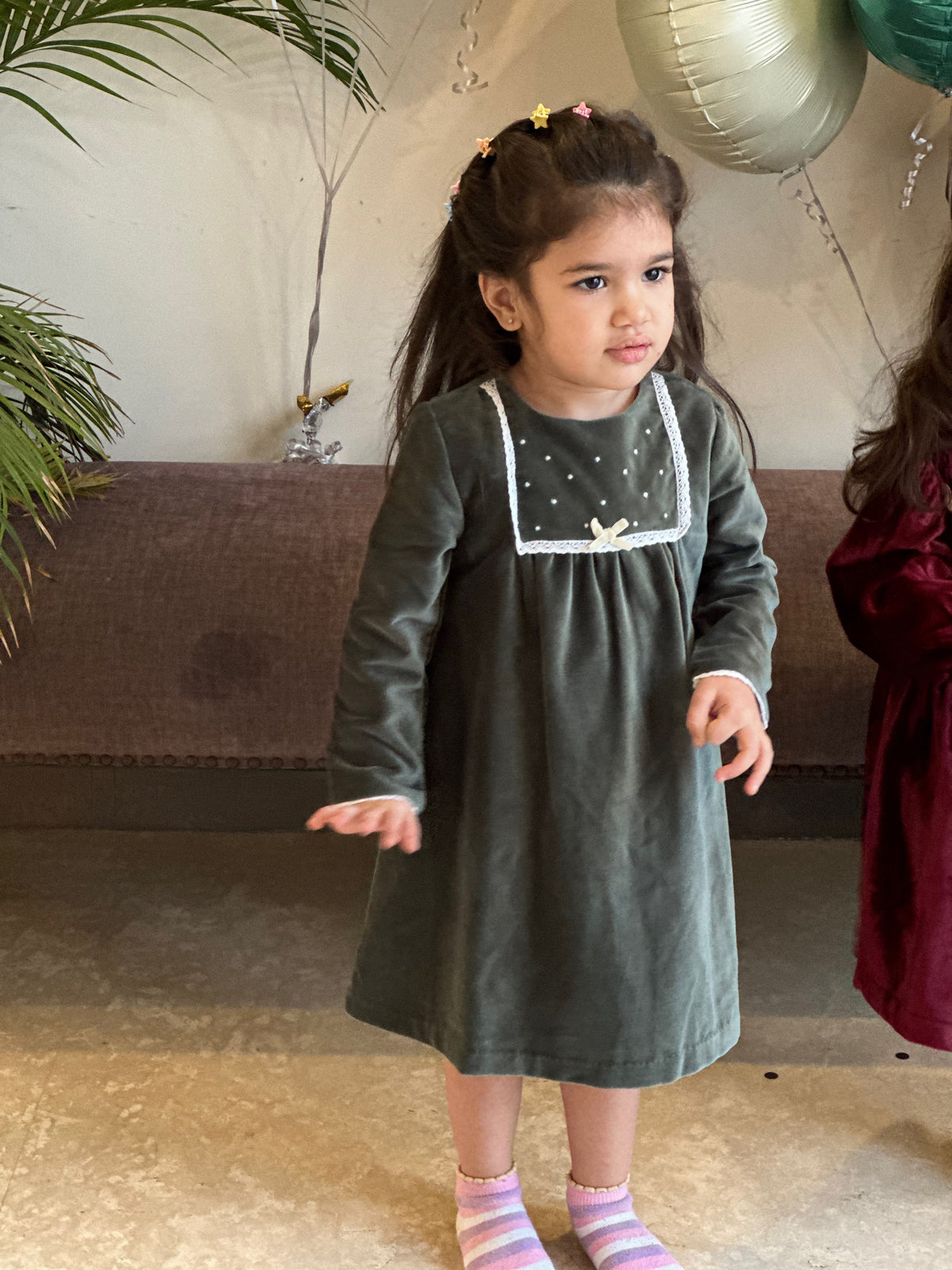 Sage Lace Panel Velvet Dress
