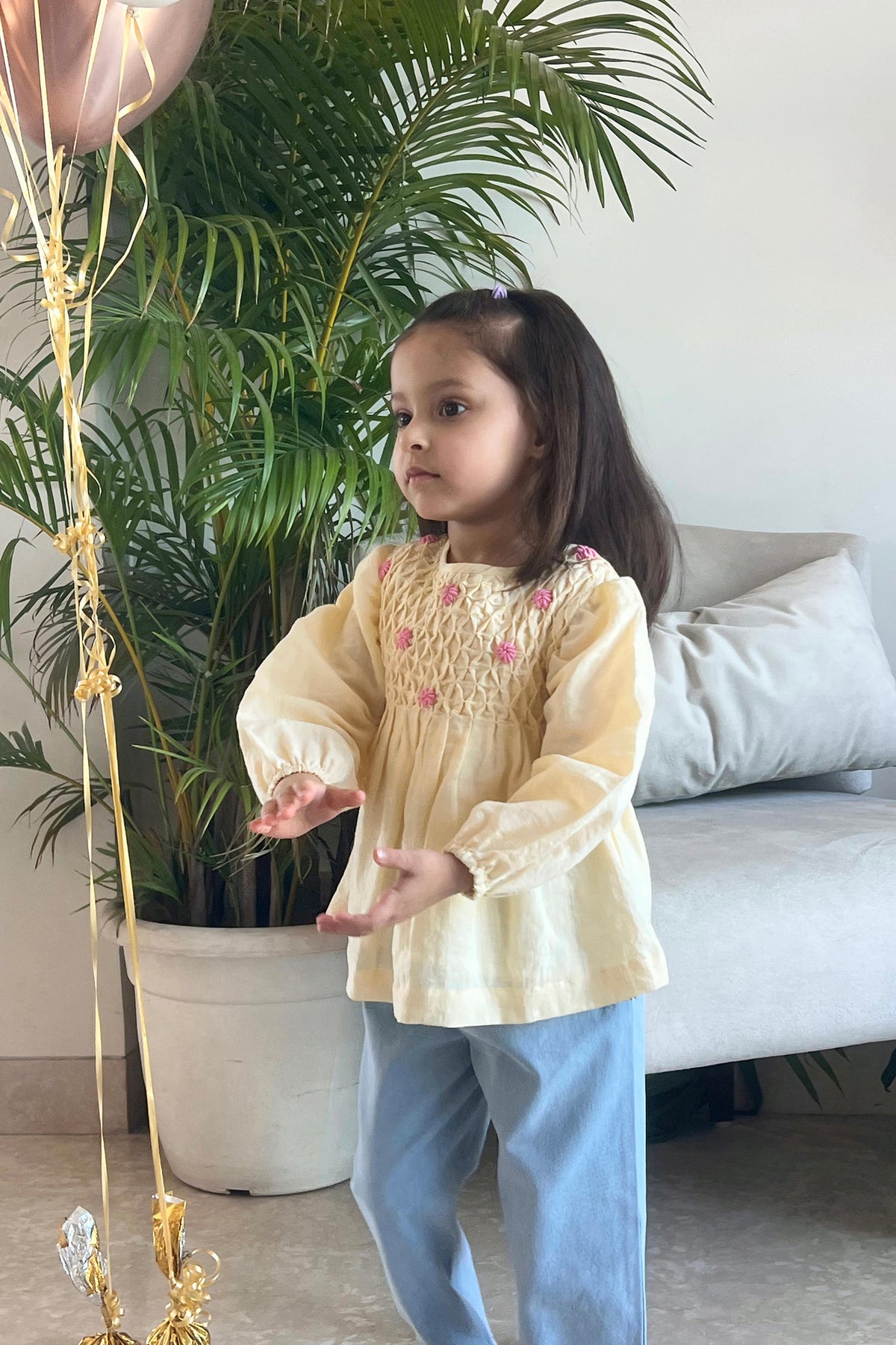 Nora Handsmocked Blouse- Lemon Linen