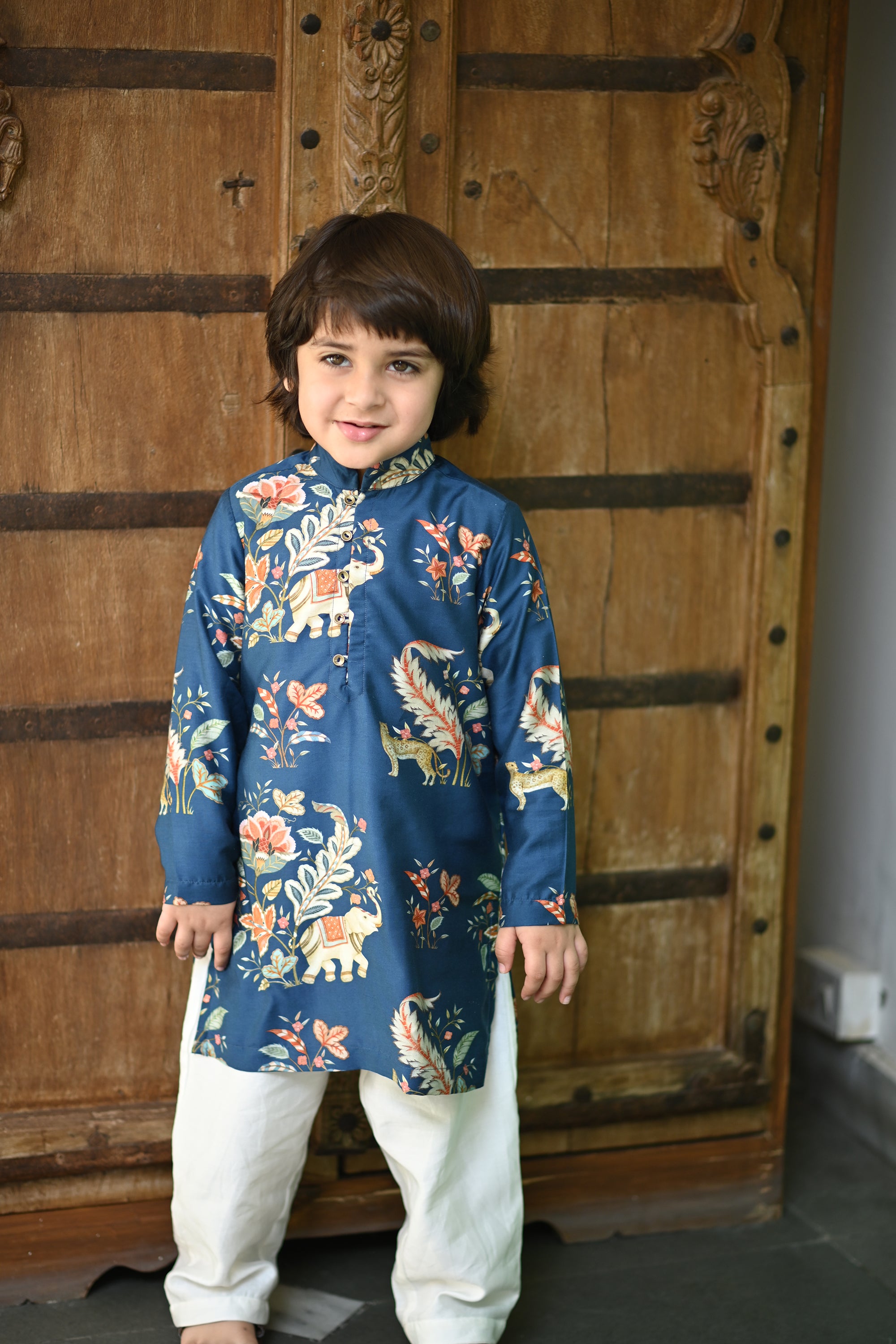 Dilsher Kurta And Pyjama Set- Navy Jungle Reverie