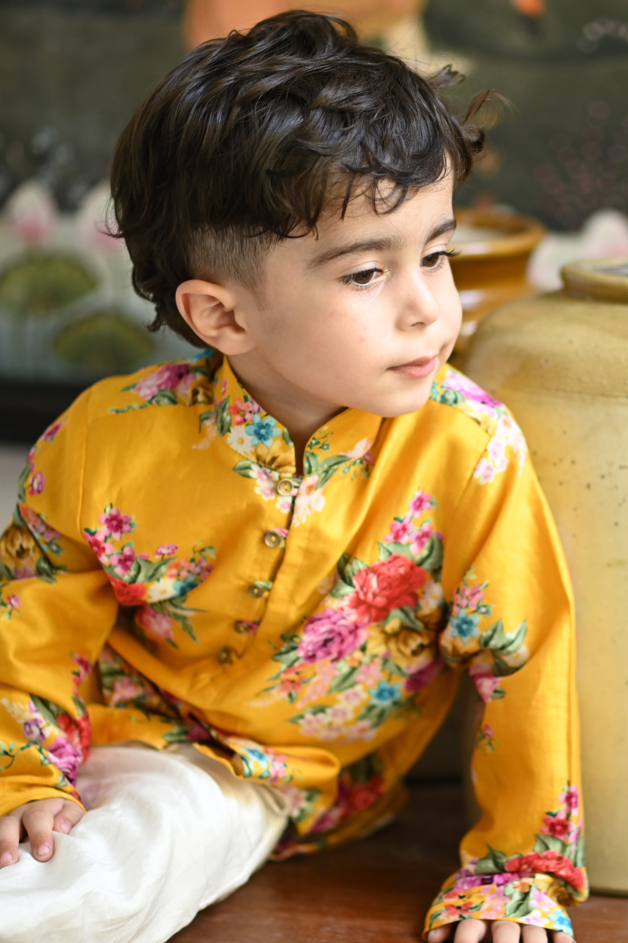 Viraaj Kurta And Pyjama Set-Yellow Floral Bunch
