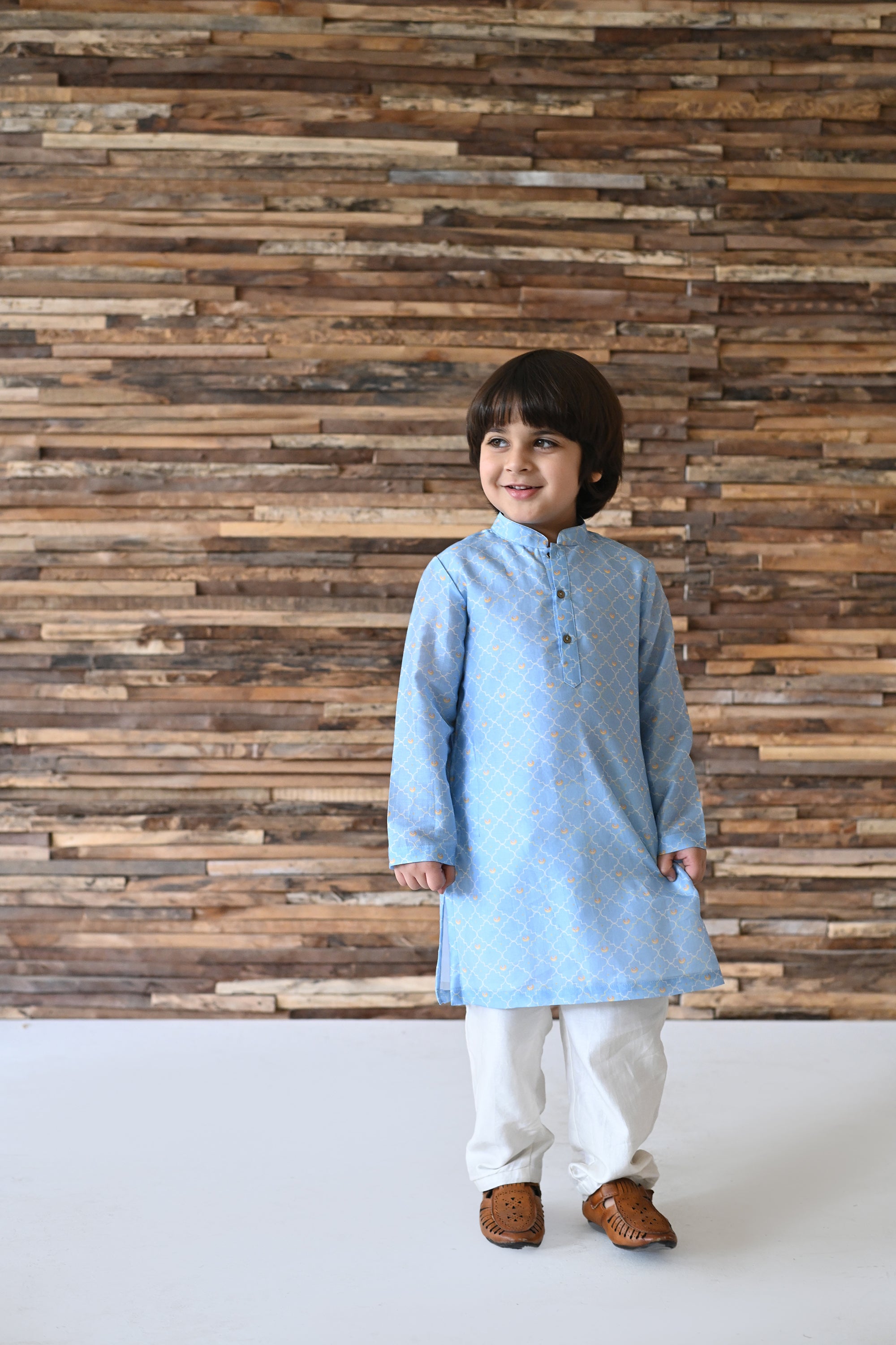 Dilsher Kurta And Pyjama Set- Sky Blue Chand Jaal
