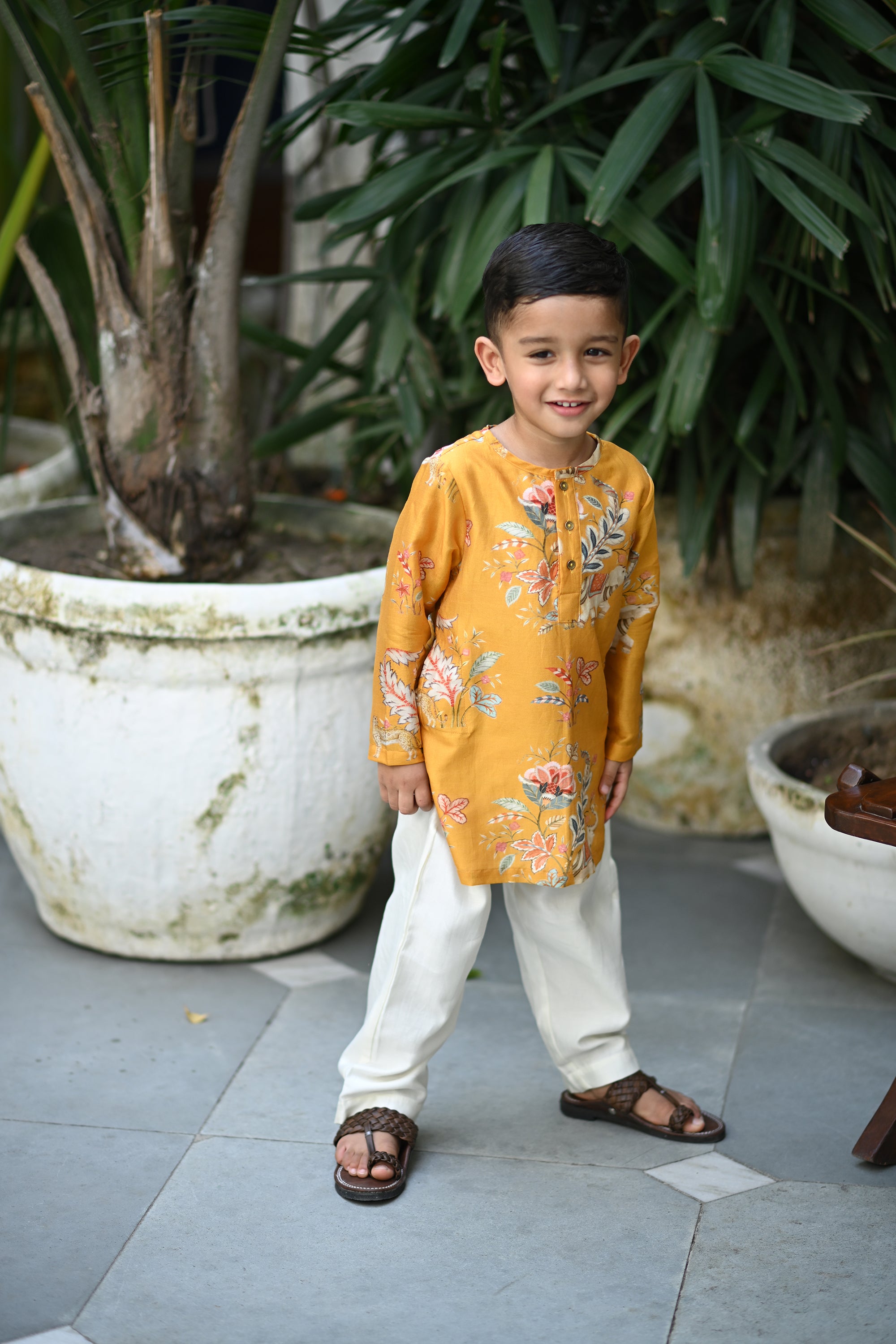 Zorawar Kurta And Pyjama Set-Mustard Haathi Chintz