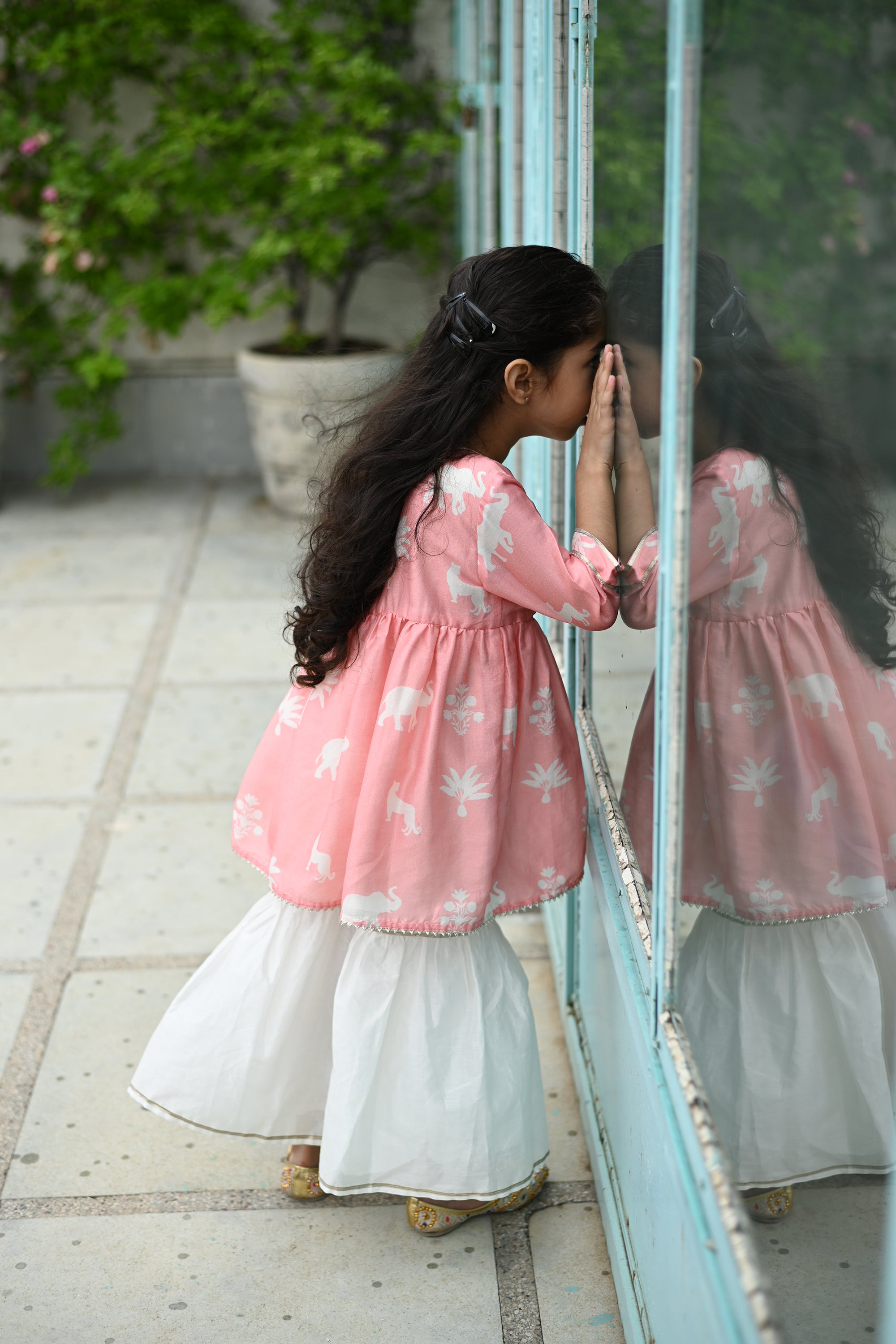Simar Gharara Set - Pink Palm Serenade