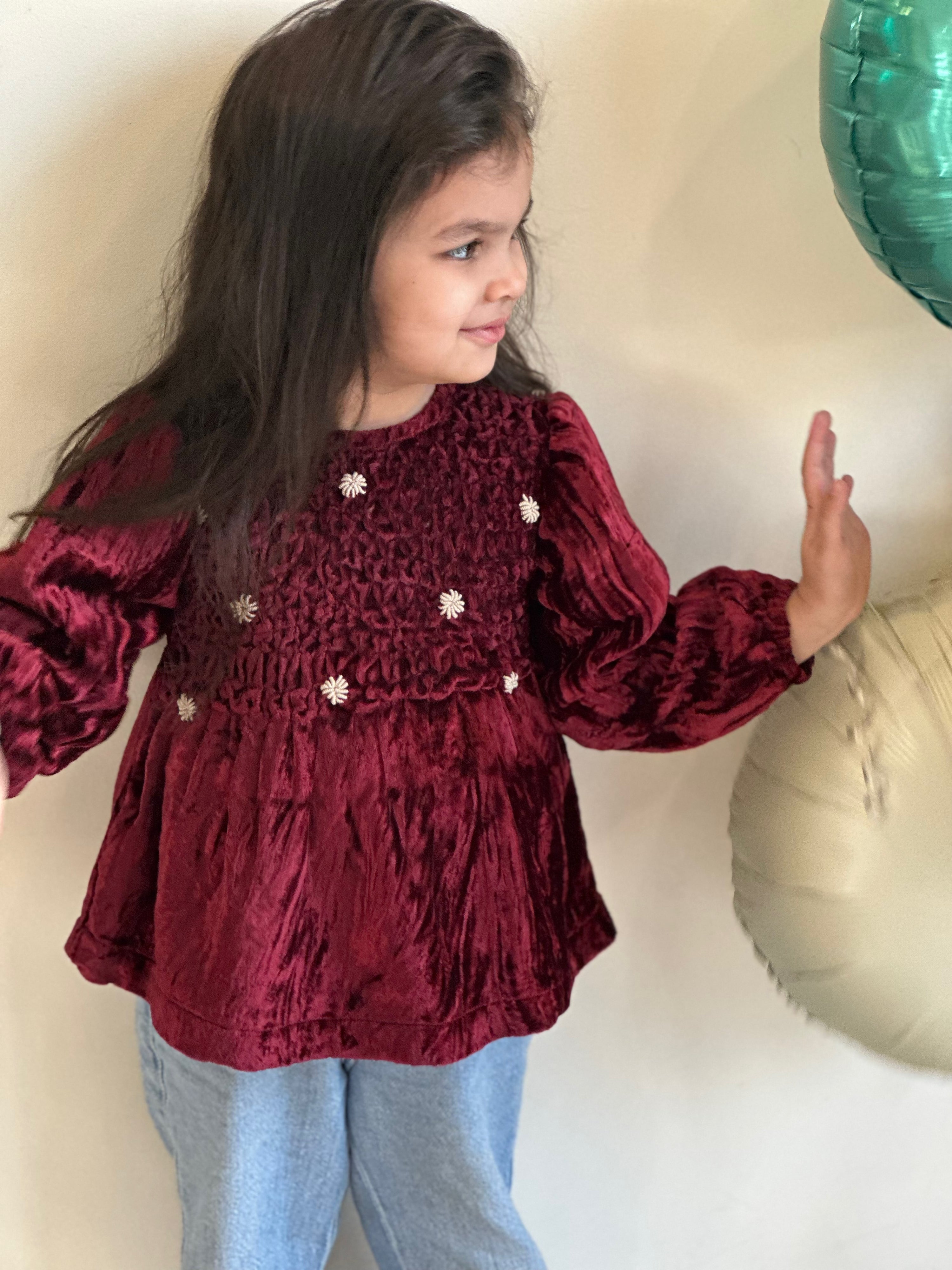 Maroon Handsmocked Velvet Blouse