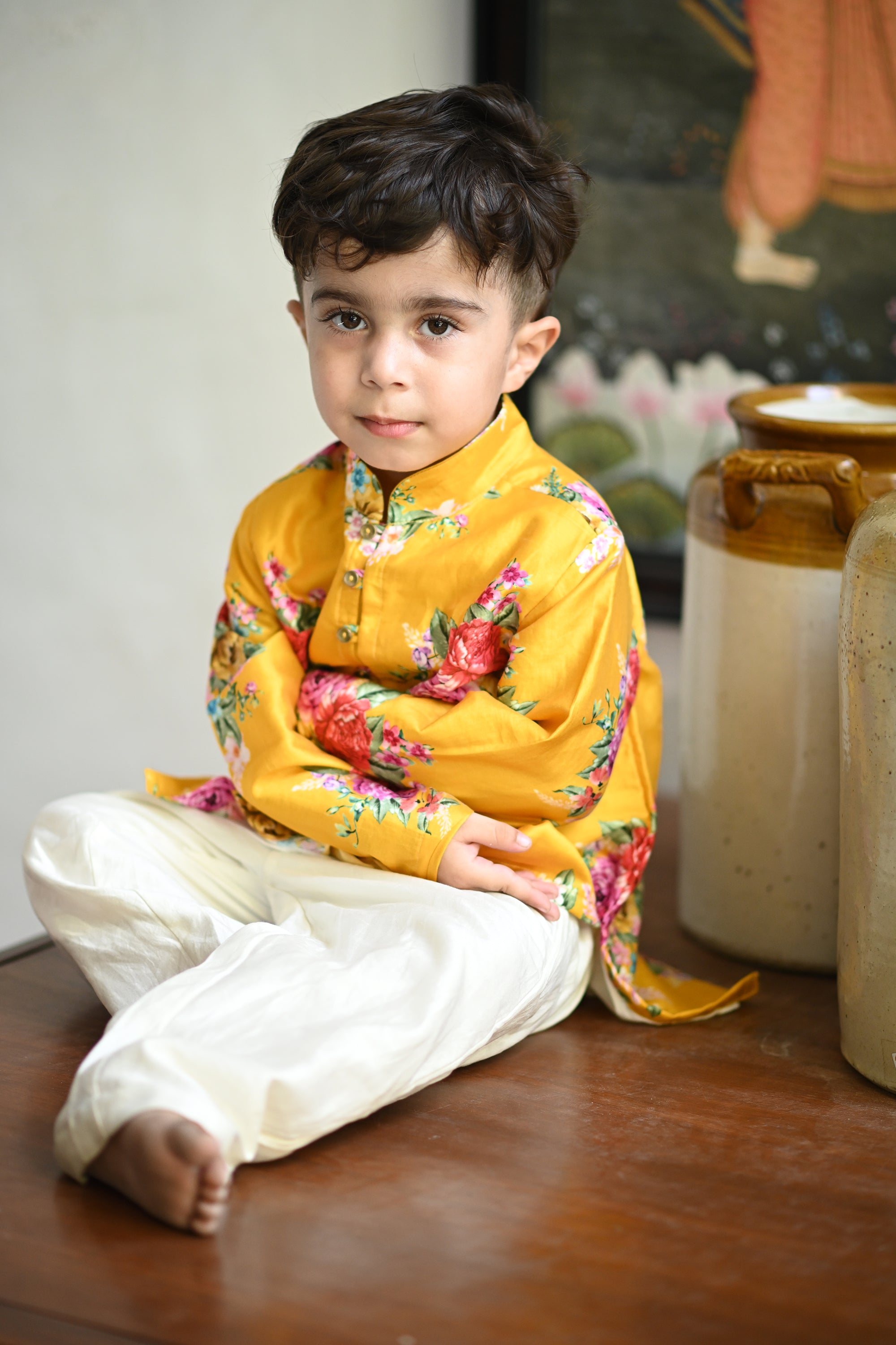 Viraaj Kurta And Pyjama Set-Yellow Floral Bunch