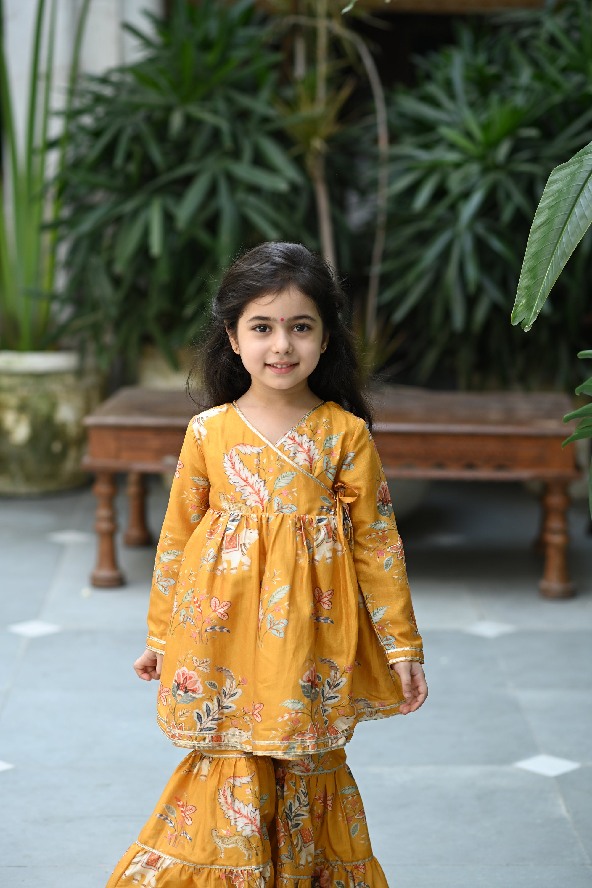 Reet Angrakha Sharara Set-Mustard Haathi Chintz