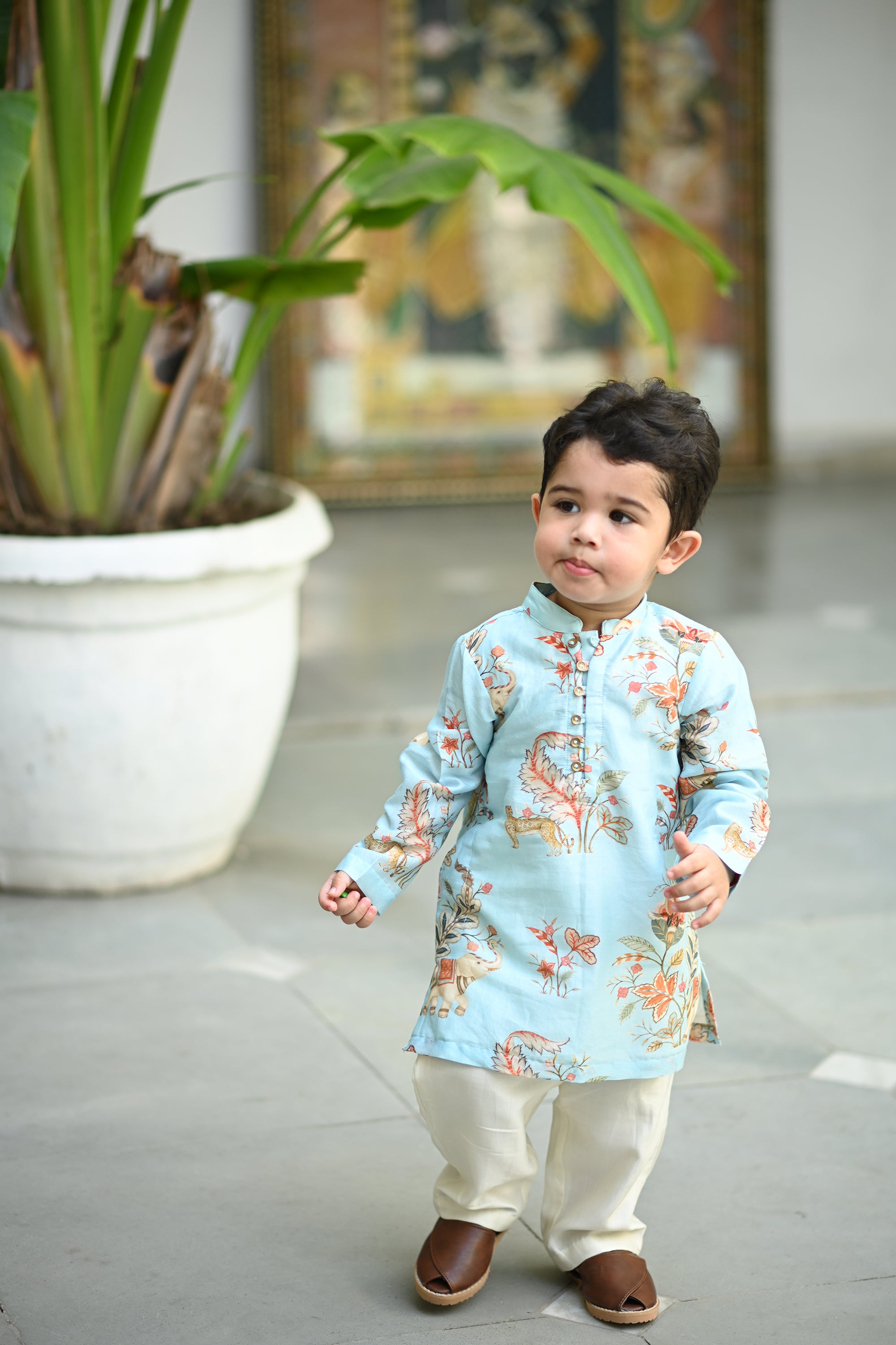 Sabr Kurta And Pyjama Set- Aqua Haathi
