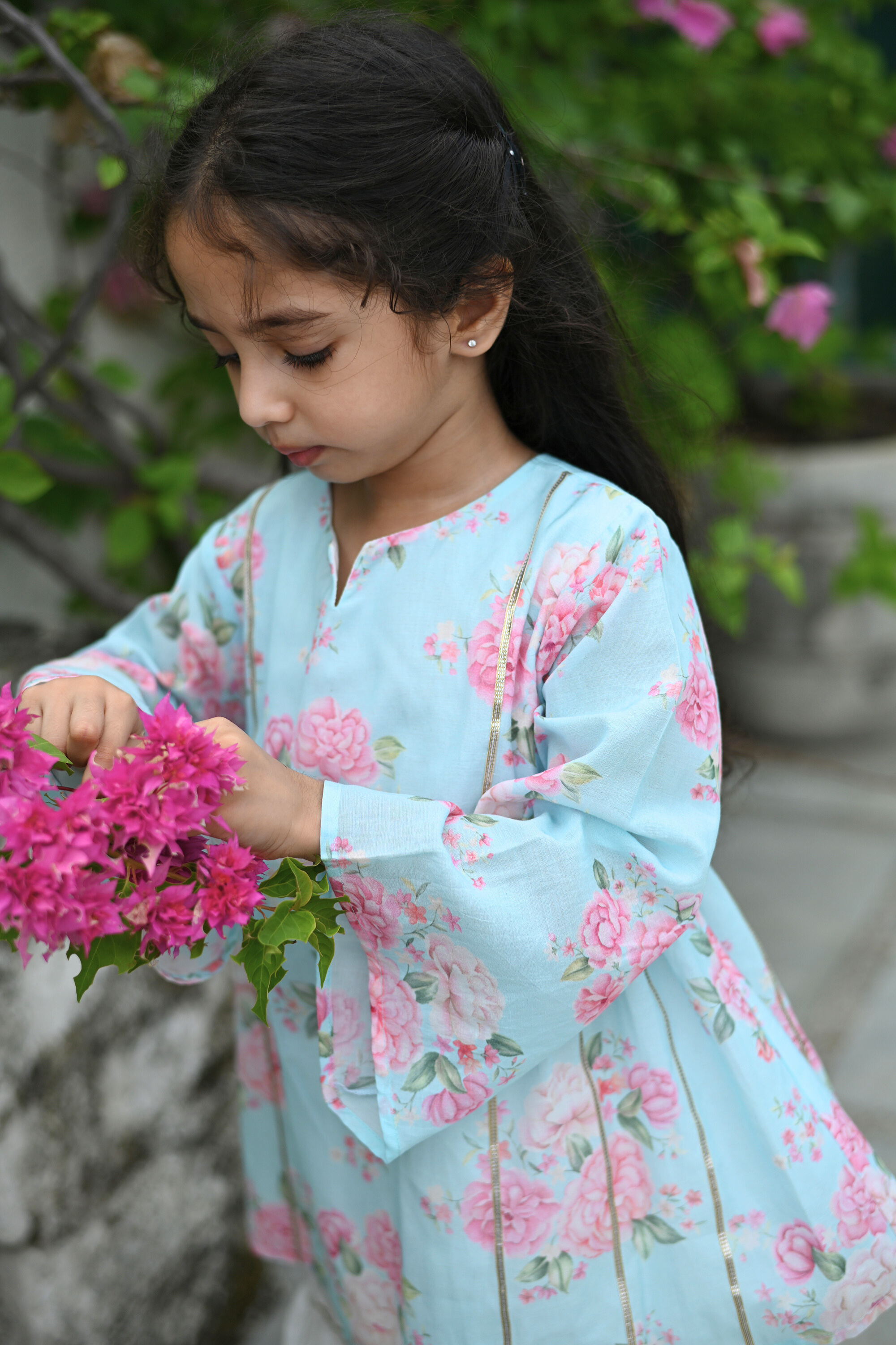 Tara Gharara Set - Vintage Blue Phool Angan
