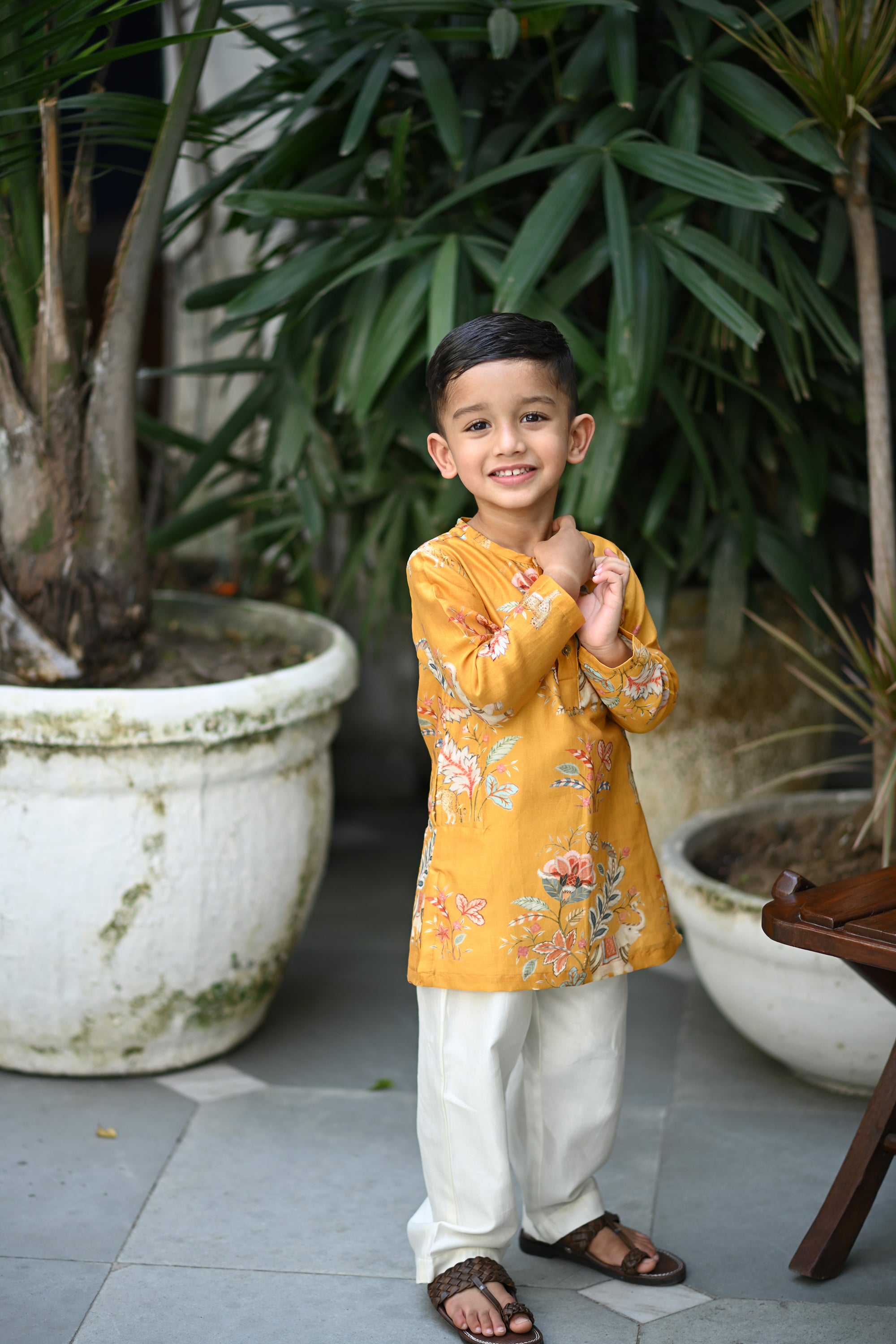 Zorawar Kurta And Pyjama Set-Mustard Haathi Chintz