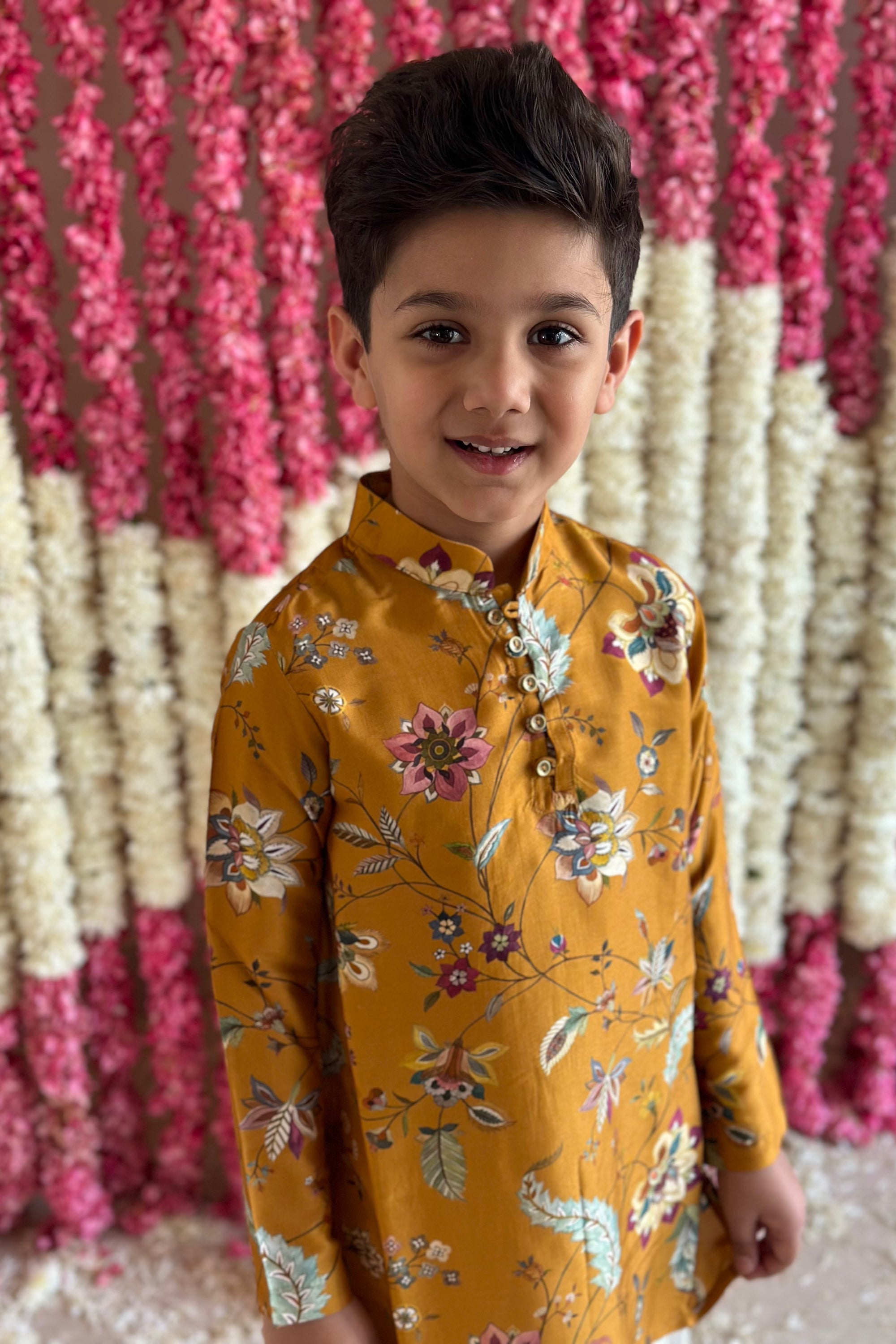 Ayaan Kurta and Pyjama Set - Mustard Lotus Cascade