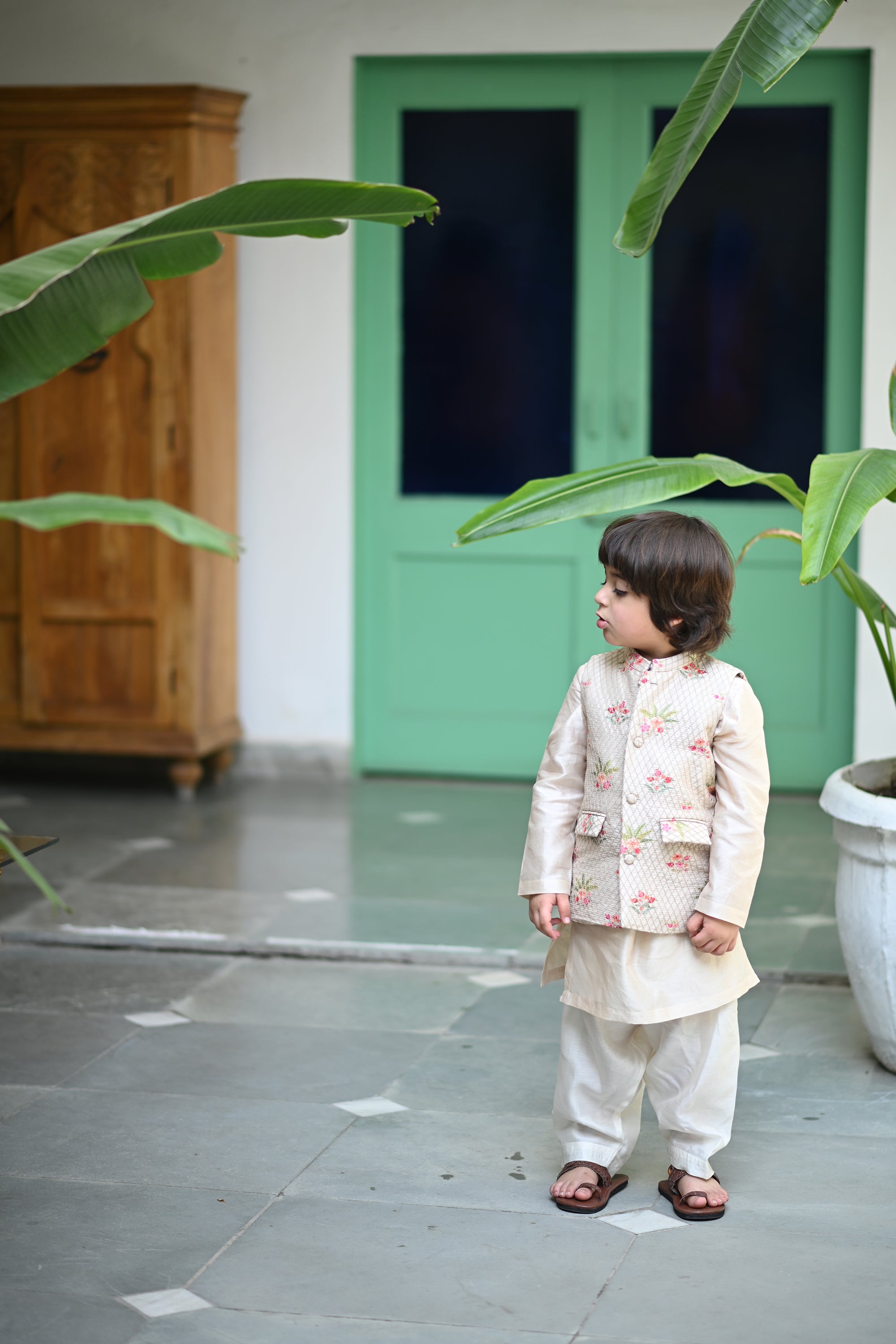 Uday Bandhi, Kurta And Pyjama Set-Beige Anaar Bagh
