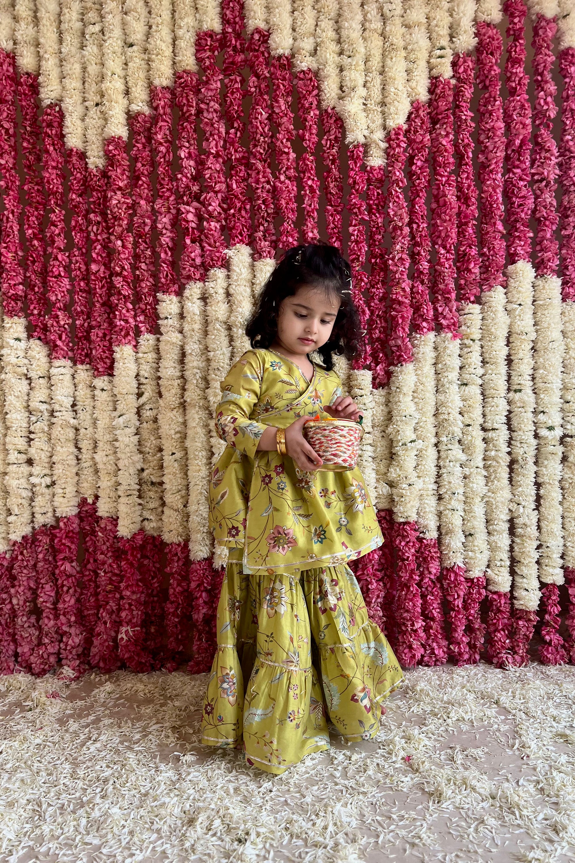 Namah Angrakha Sharara Set - Lime Green Sanobar Chintz