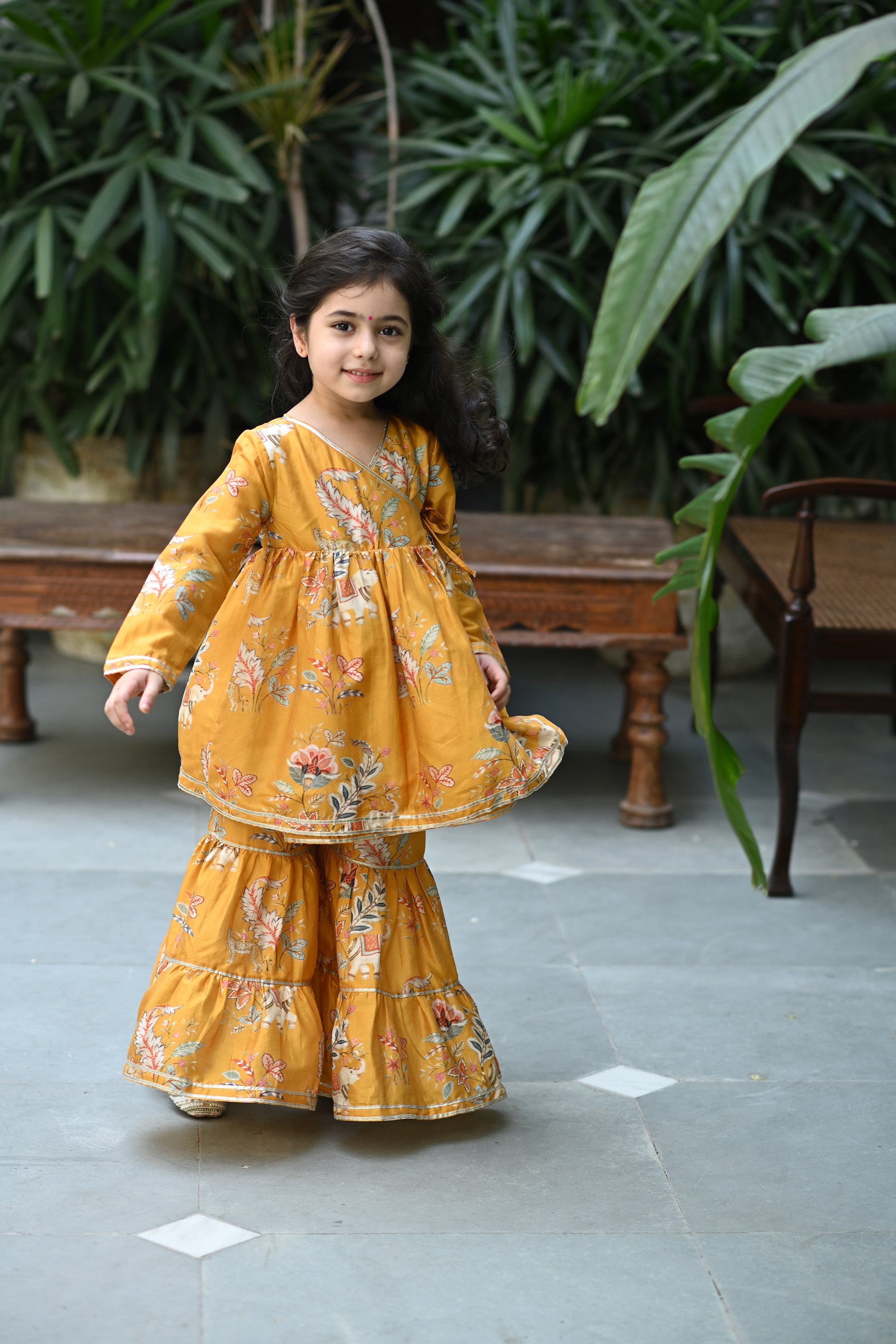 Reet Angrakha Sharara Set-Mustard Haathi Chintz