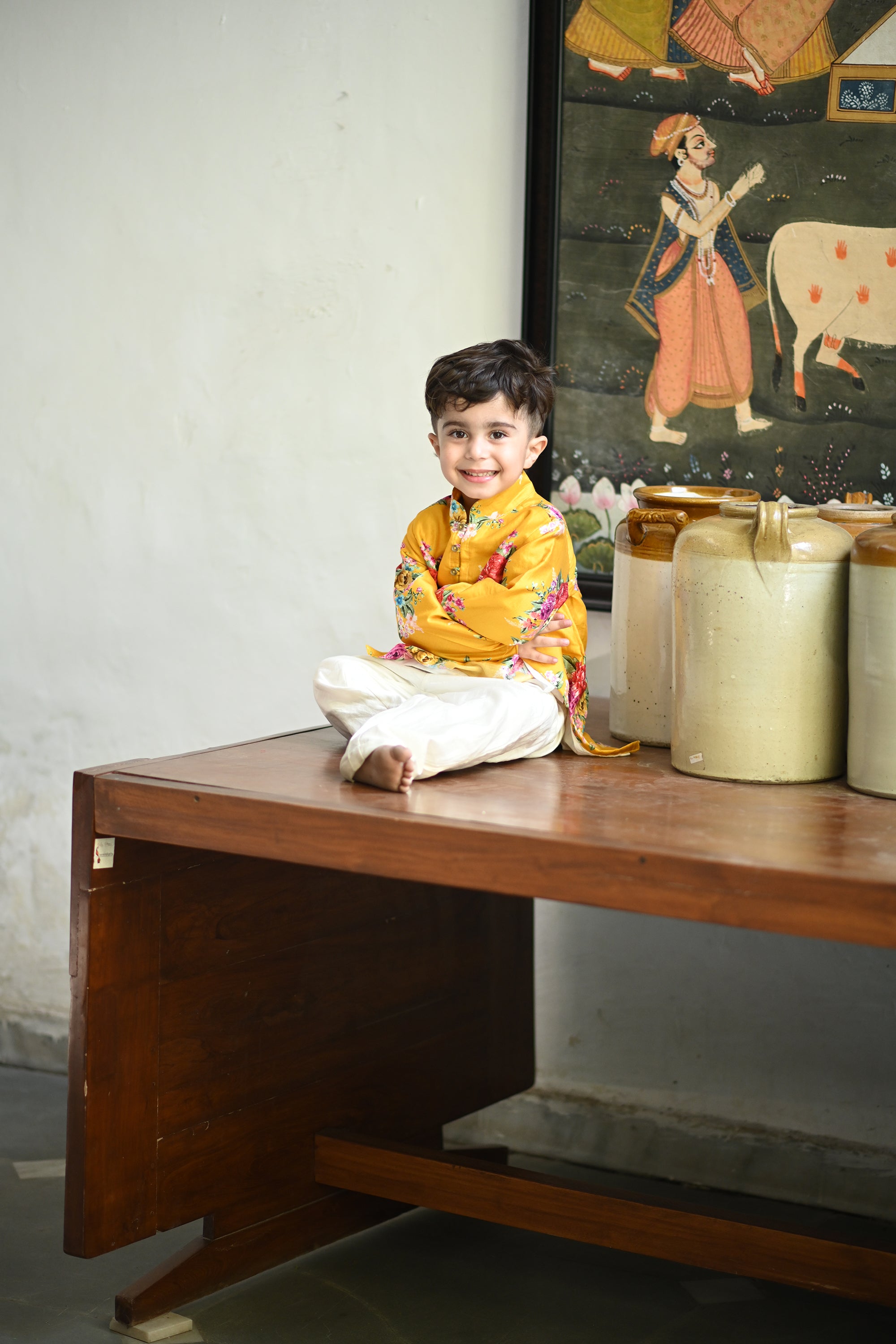Viraaj Kurta And Pyjama Set-Yellow Floral Bunch
