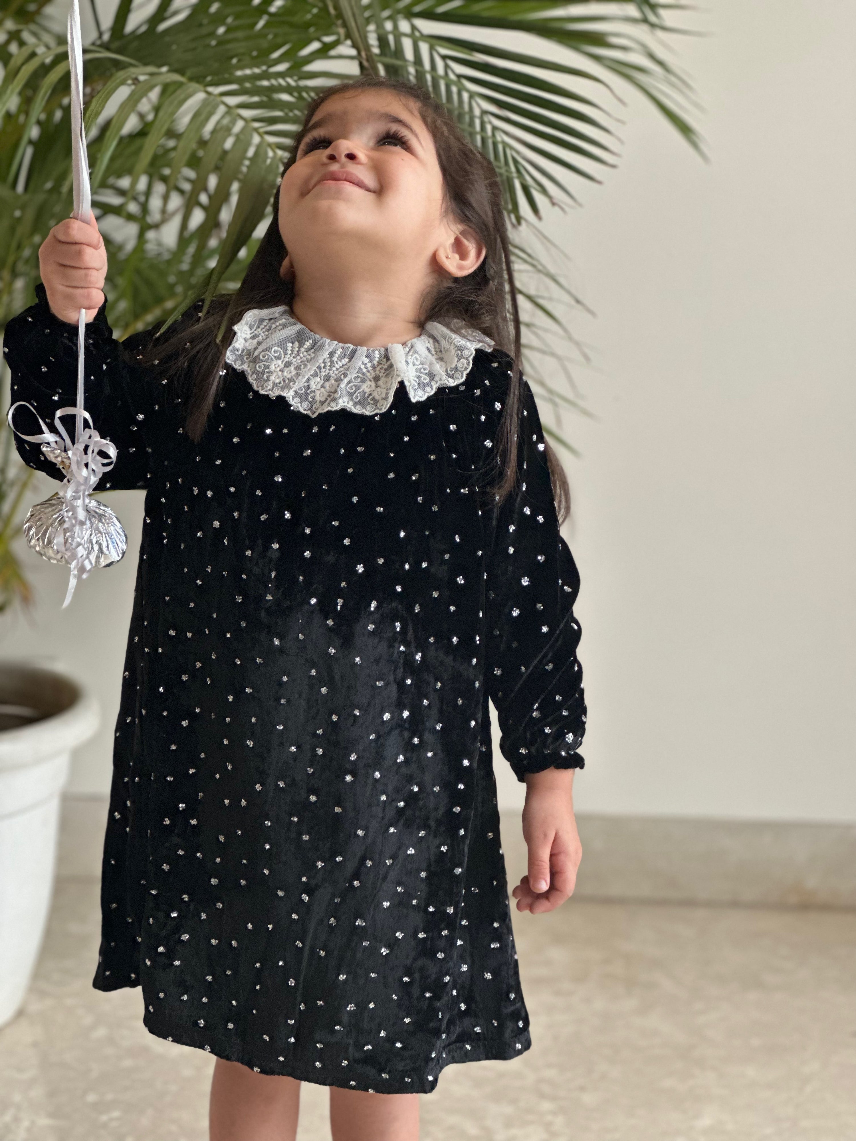 Black Silk Velvet Flocked Dress