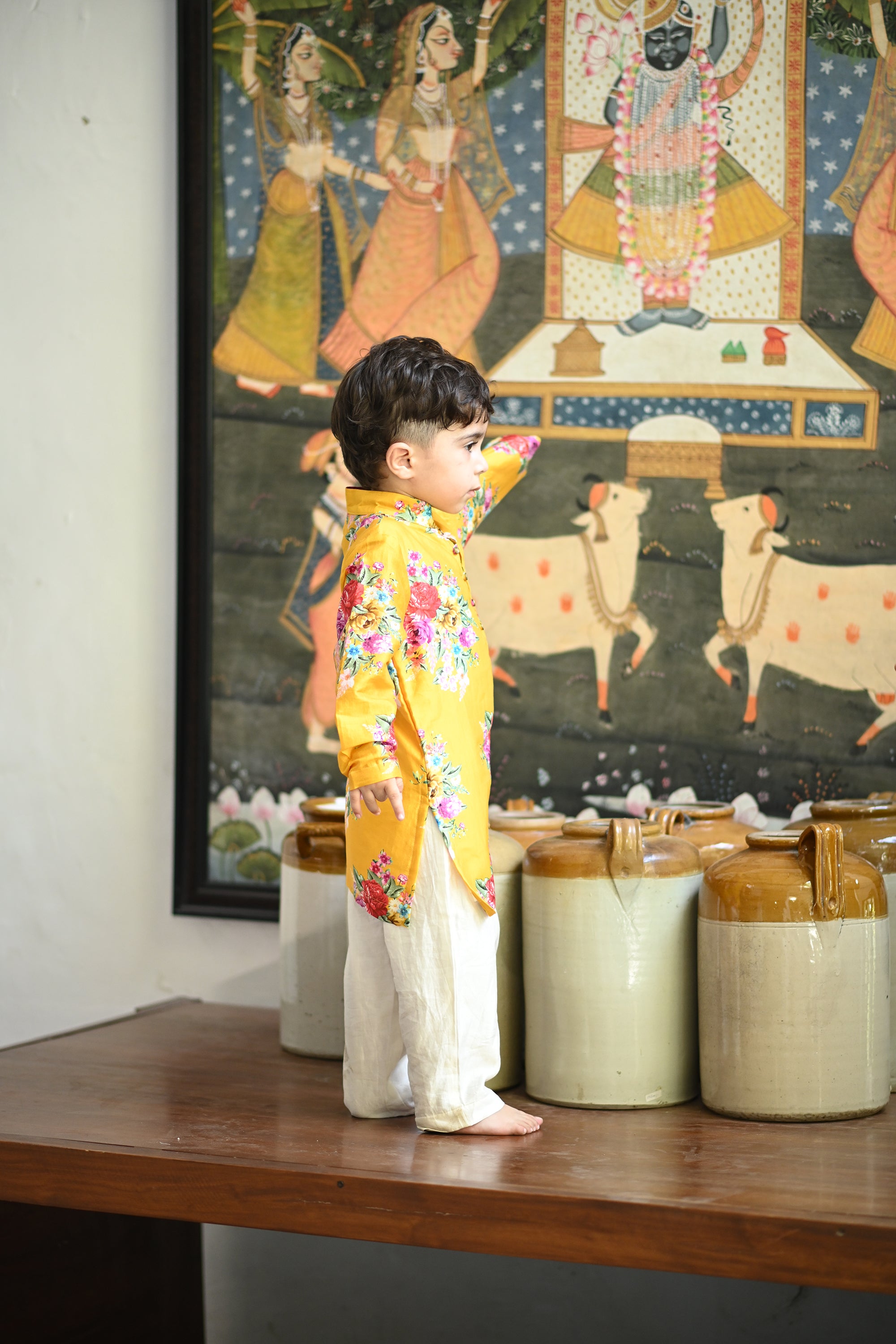 Viraaj Kurta And Pyjama Set-Yellow Floral Bunch