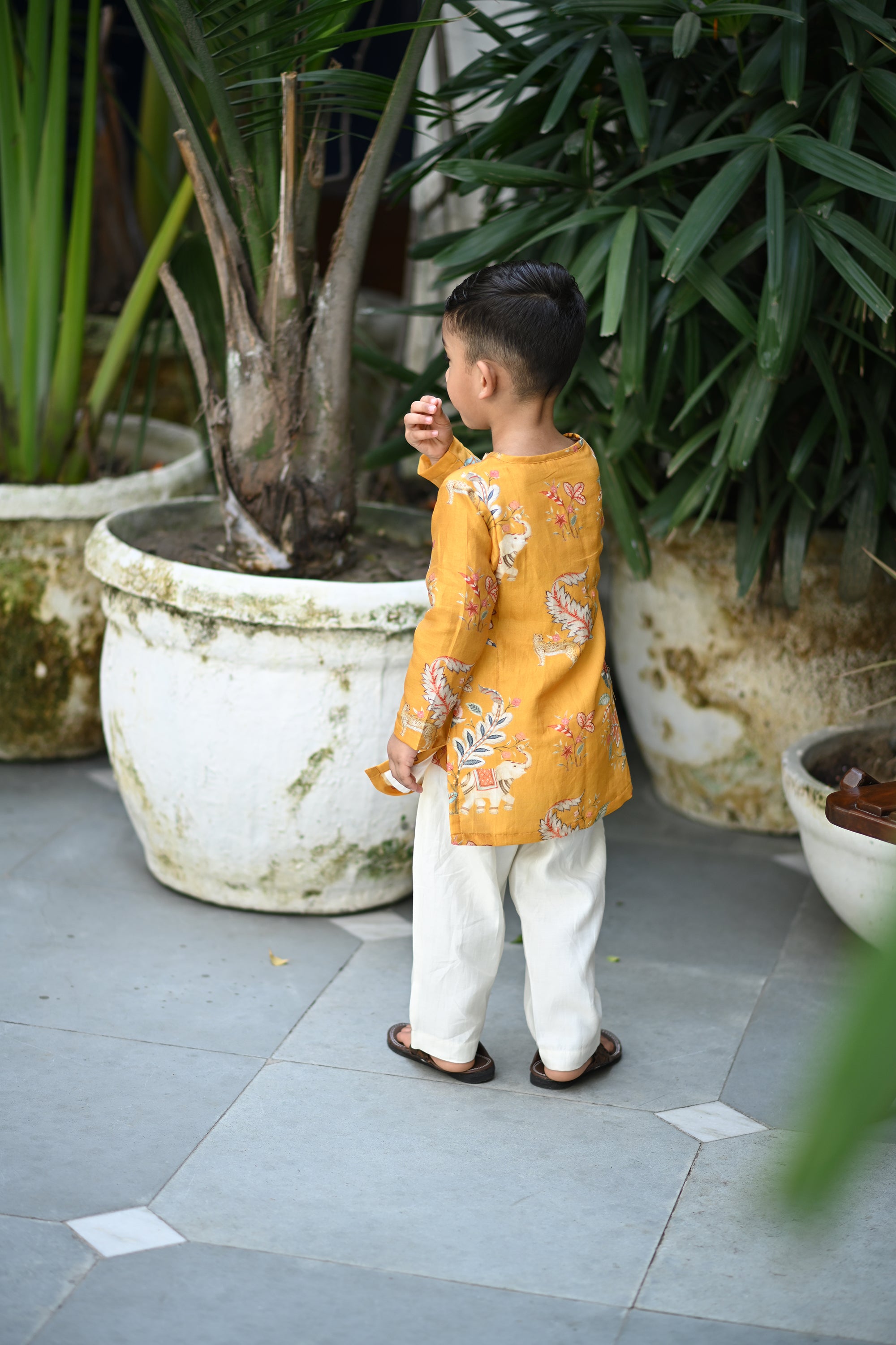 Zorawar Kurta And Pyjama Set-Mustard Haathi Chintz