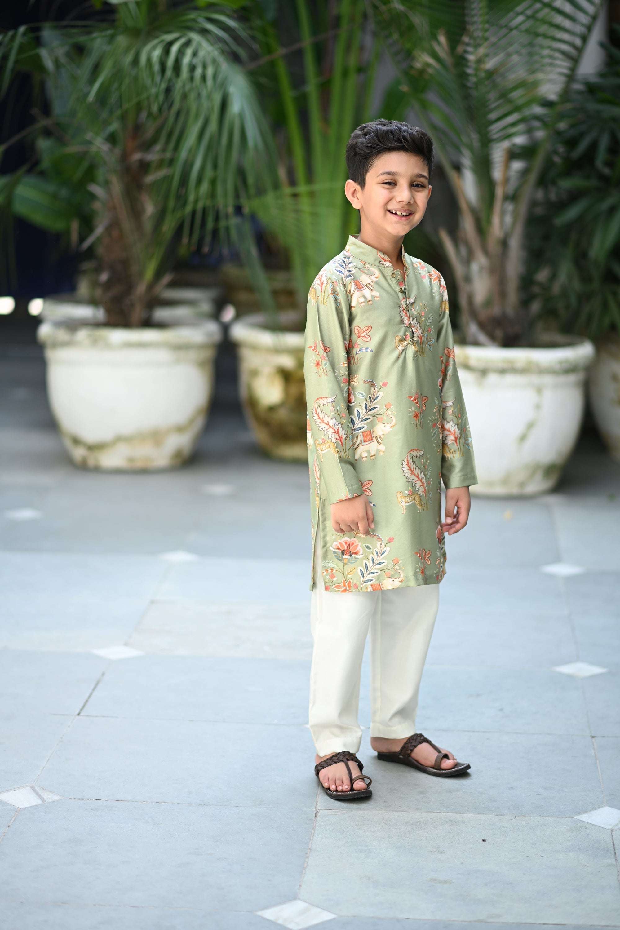 Yash Kurta And Pyjama Set-Sage Green Jungle Reverie