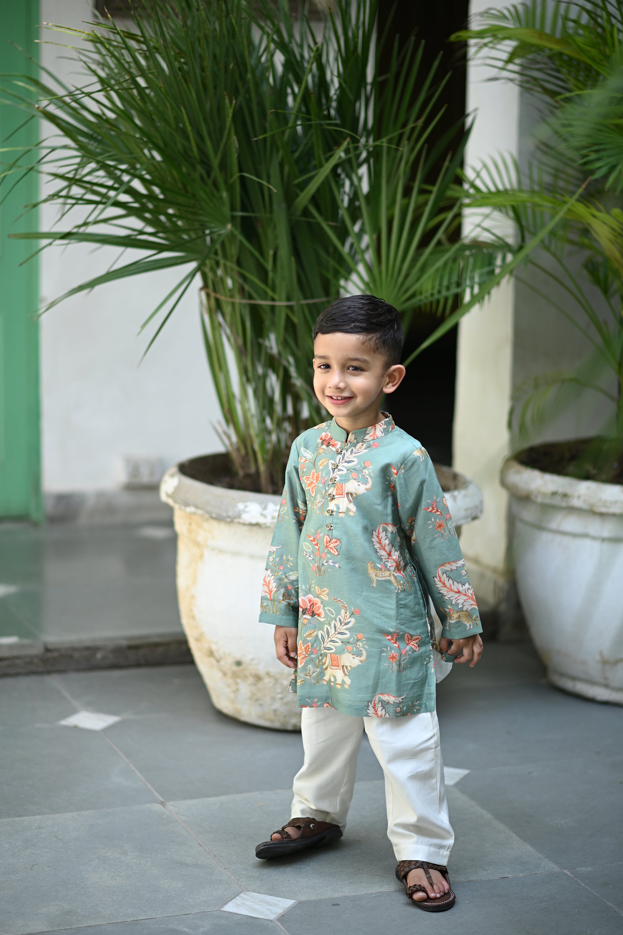Sabr Kurta And Pyjama Set - Teal Jungle Reverie