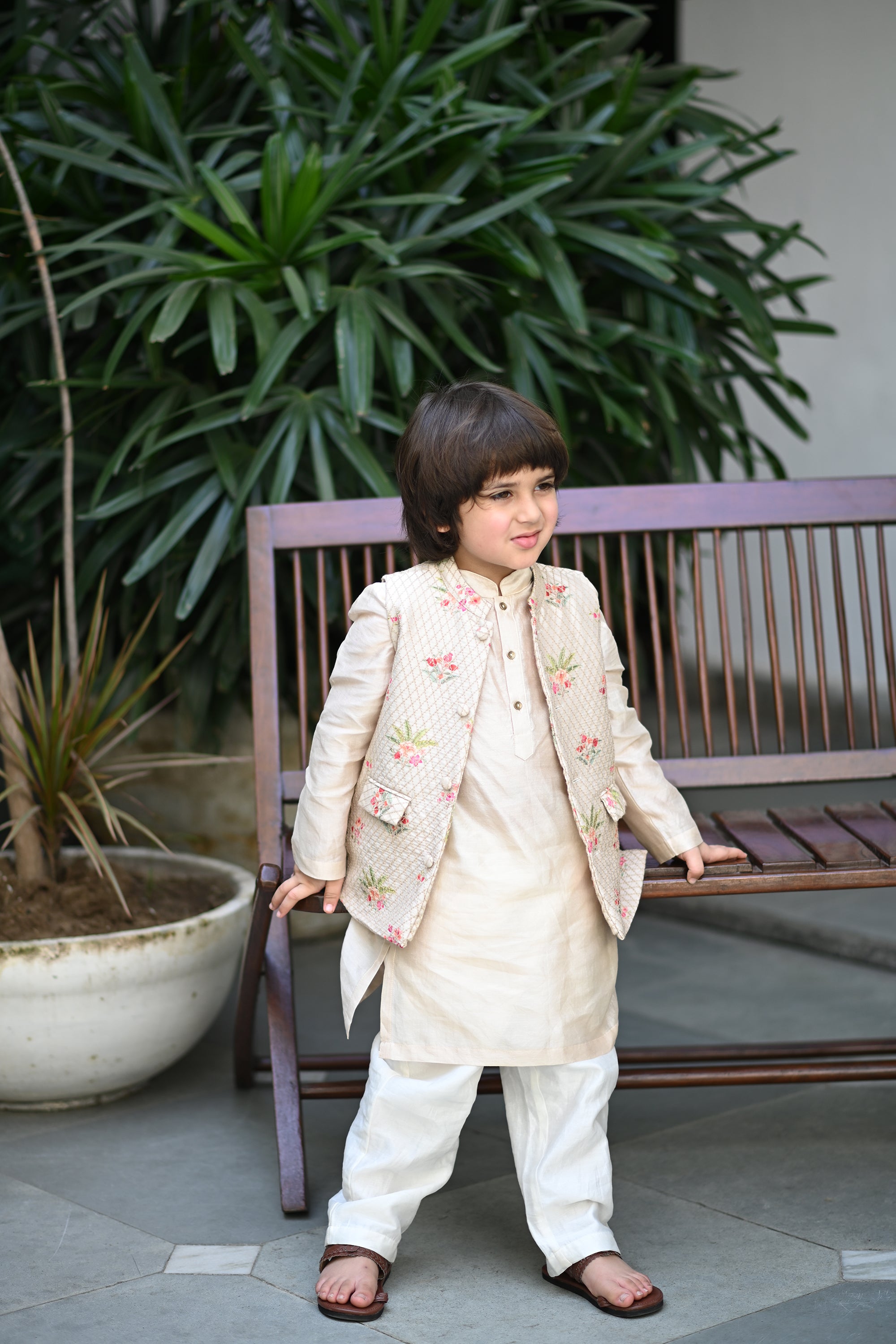 Uday Bandhi, Kurta And Pyjama Set-Beige Anaar Bagh