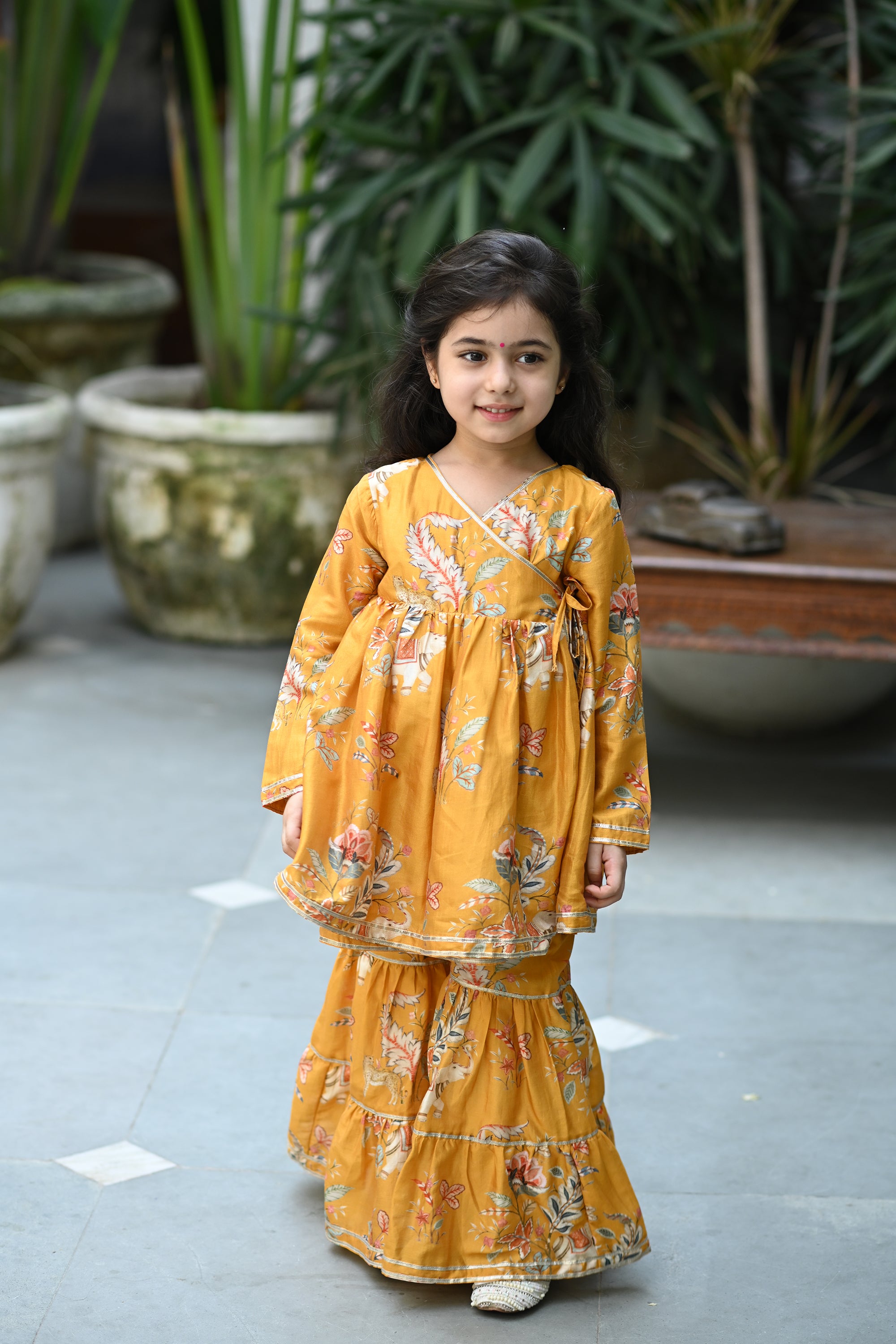 Reet Angrakha Sharara Set-Mustard Haathi Chintz