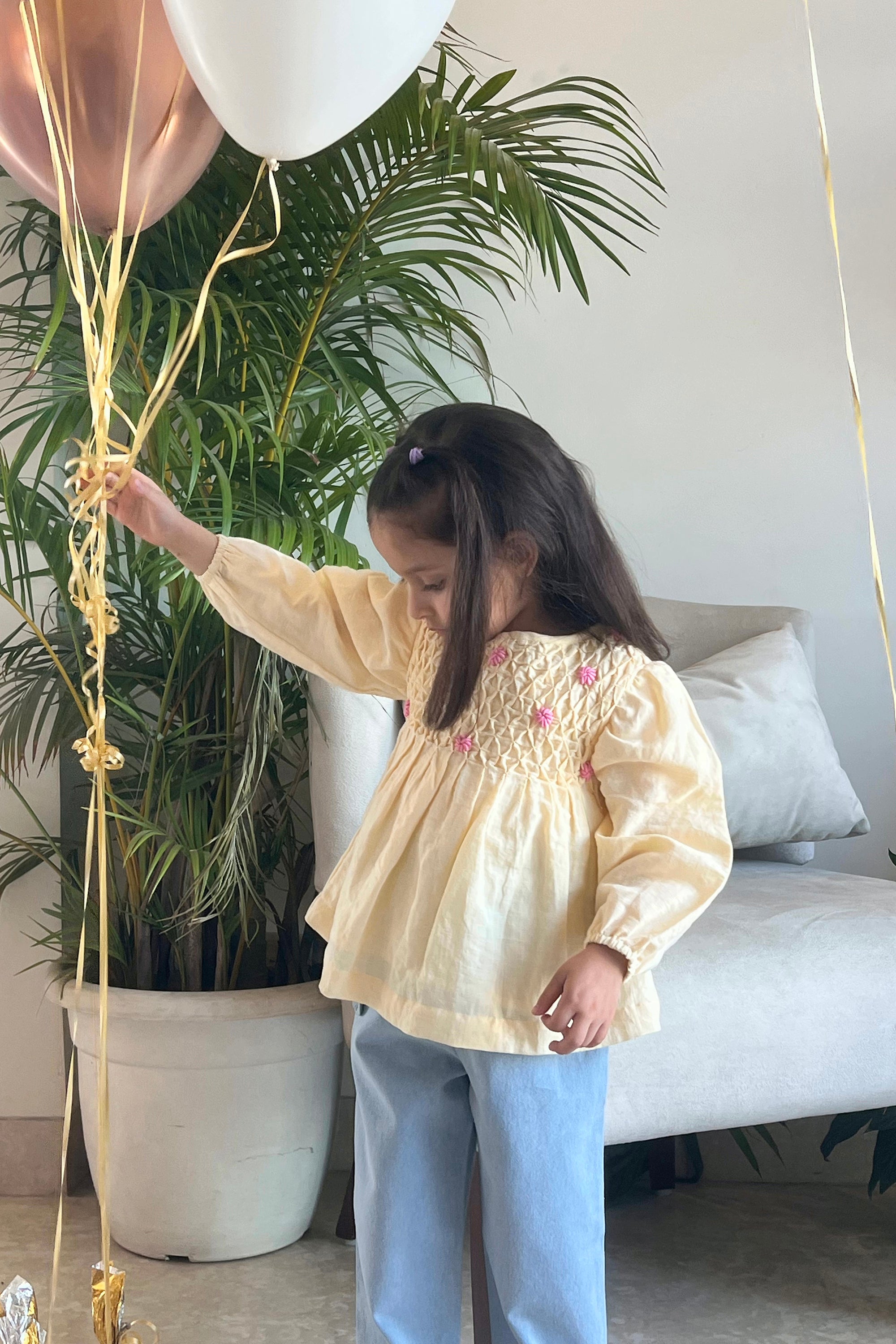 Nora Handsmocked Blouse- Lemon Linen