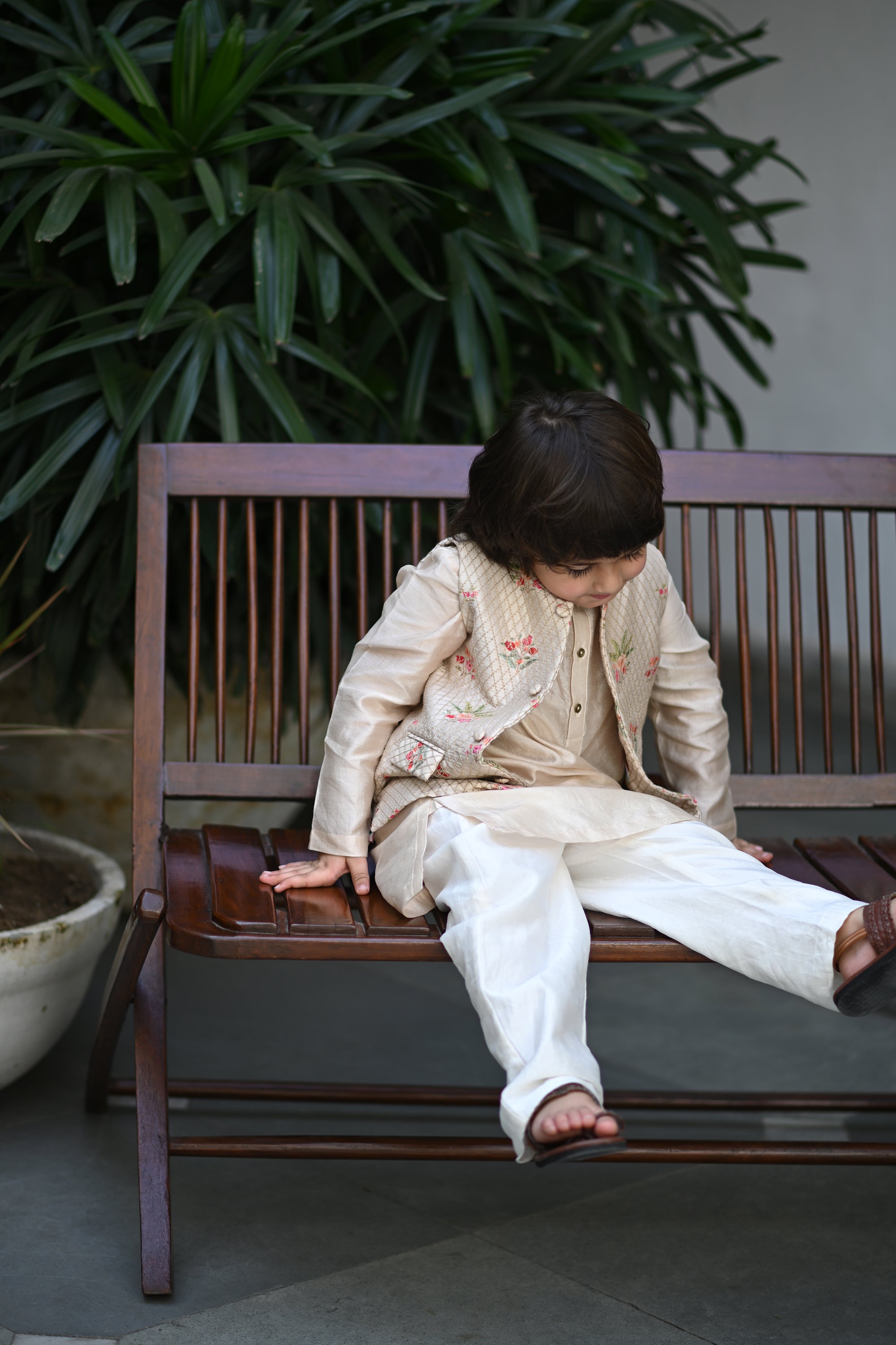 Uday Bandhi, Kurta And Pyjama Set-Beige Anaar Bagh