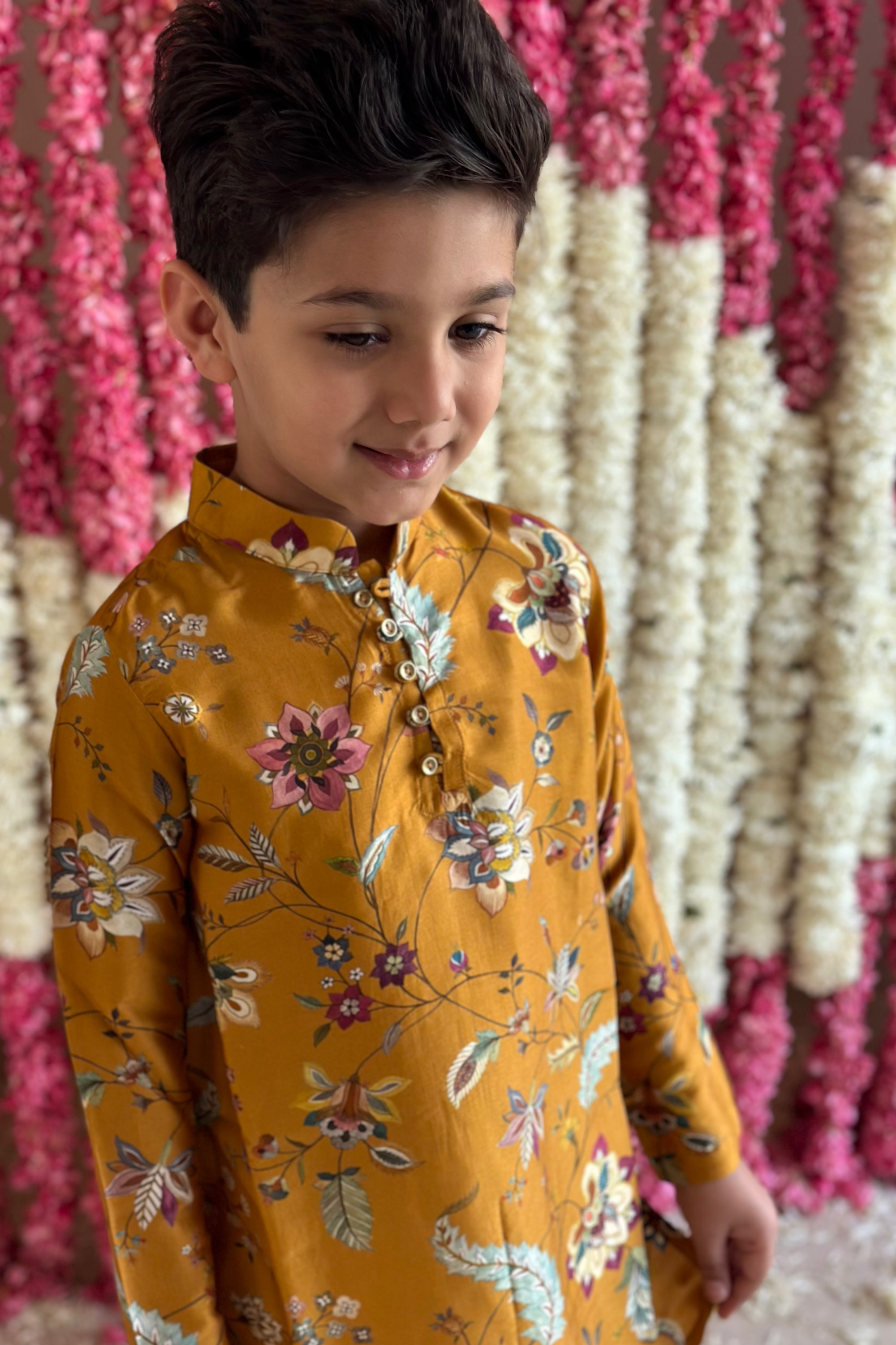 Ayaan Kurta and Pyjama Set - Mustard Lotus Cascade