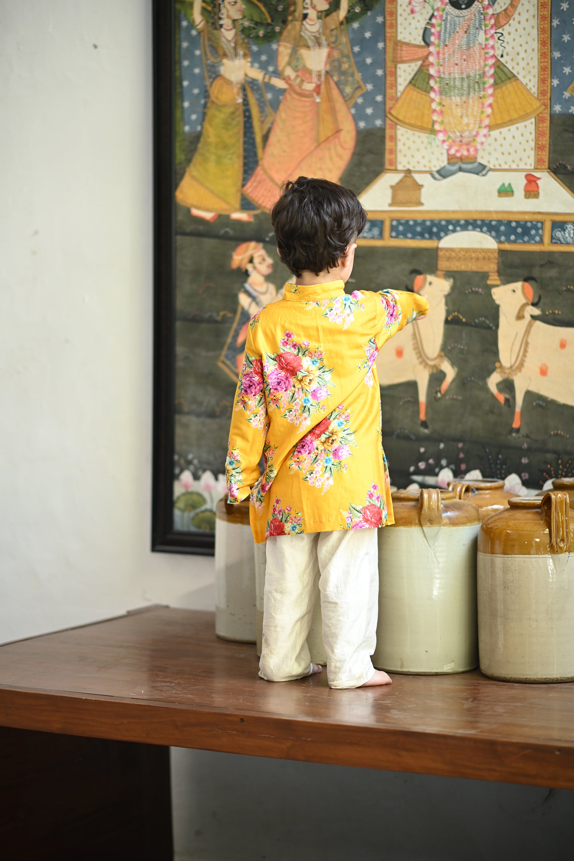 Viraaj Kurta And Pyjama Set-Yellow Floral Bunch