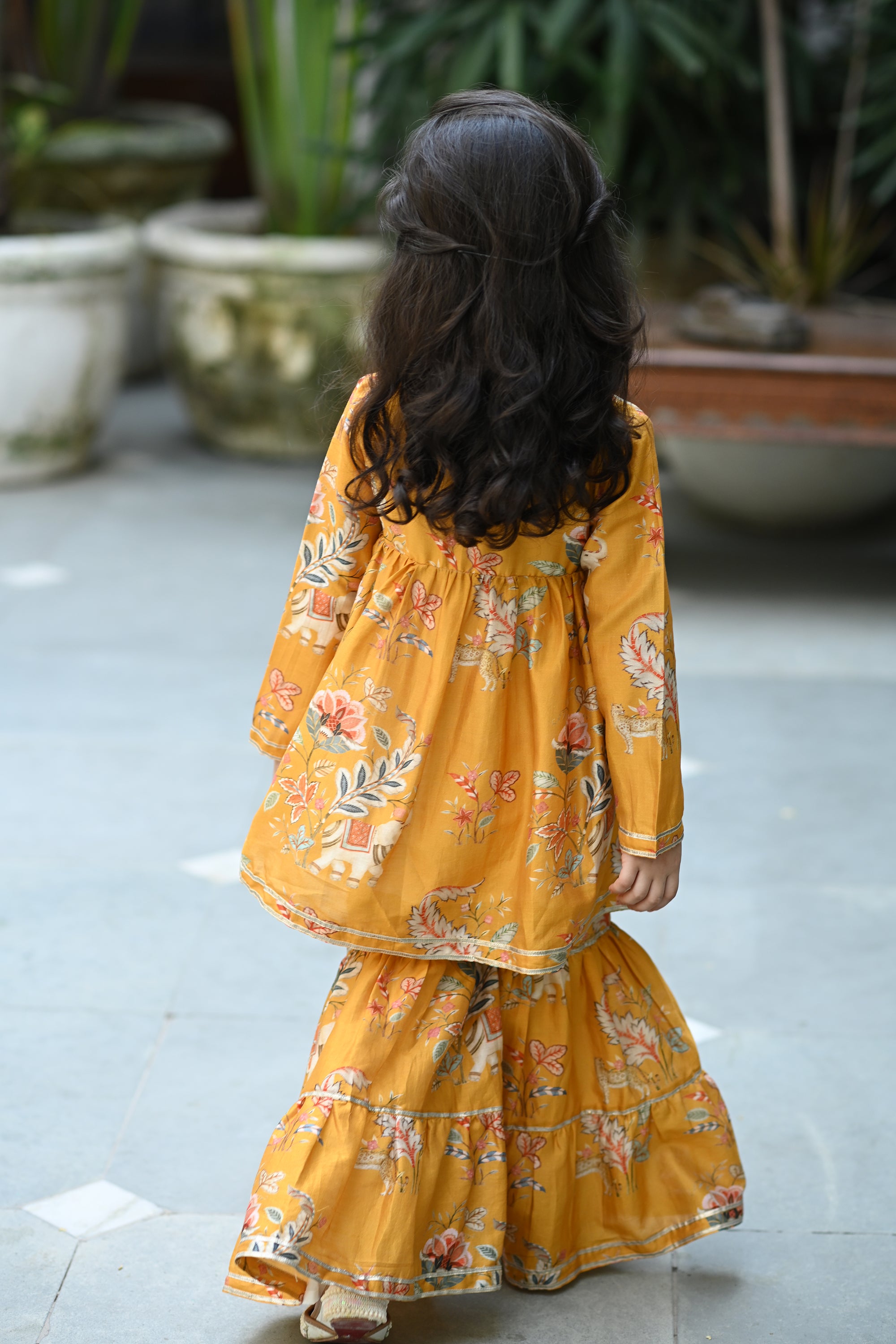 Reet Angrakha Sharara Set-Mustard Haathi Chintz